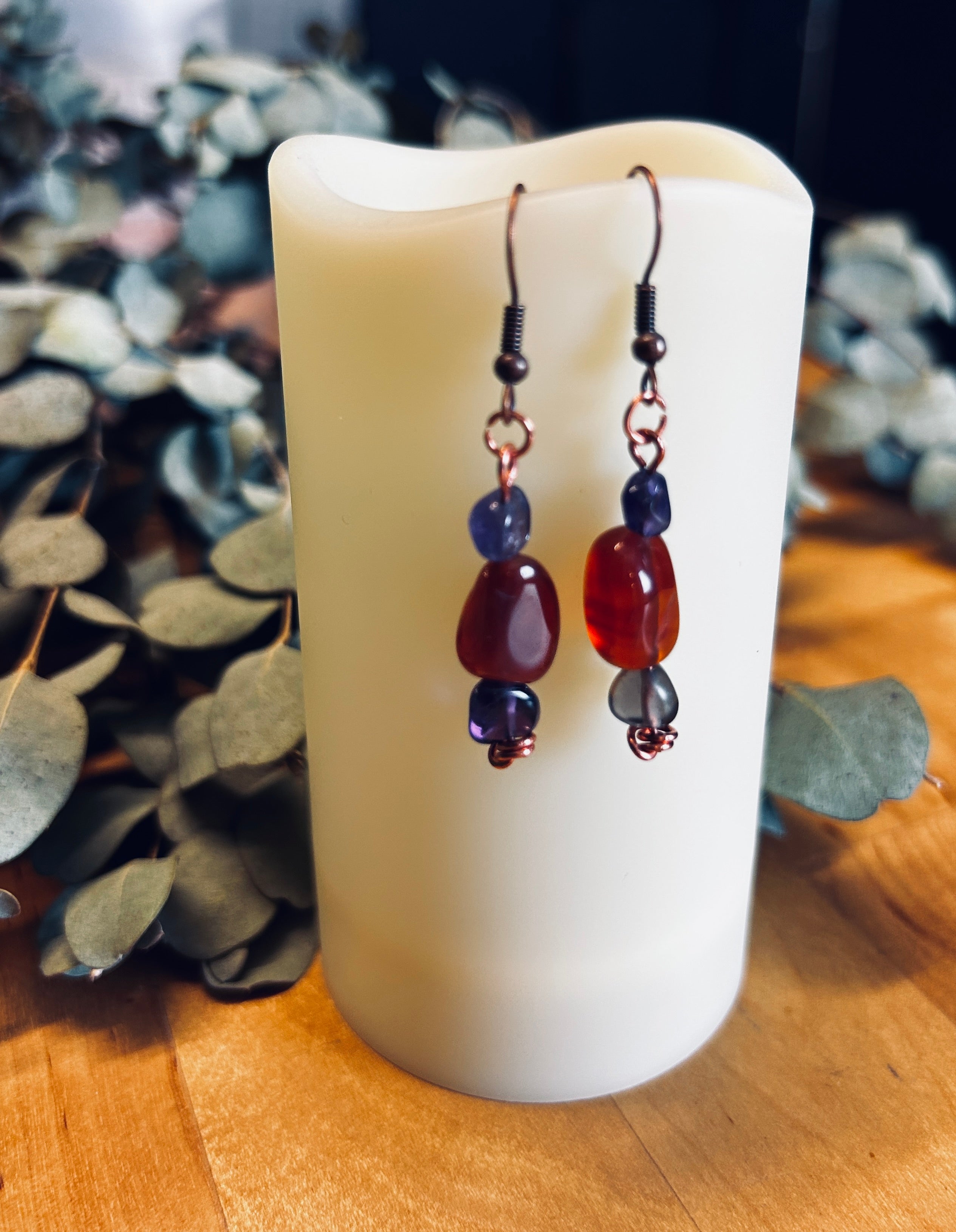 Copper Carnelian and Amethyst Drop Earrings