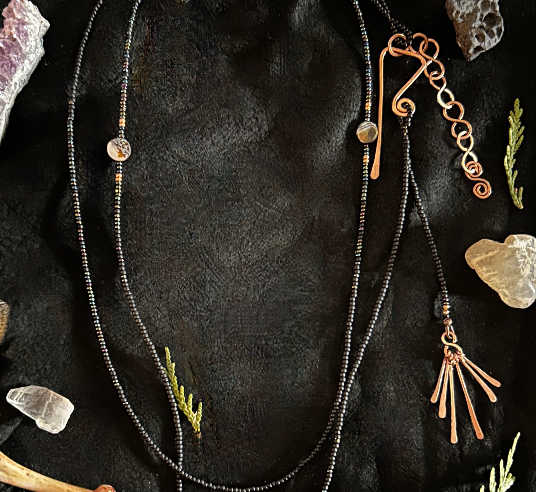 Dark Shores Double Wrap Necklace with Foraged Shell & Tourmaline Pendant