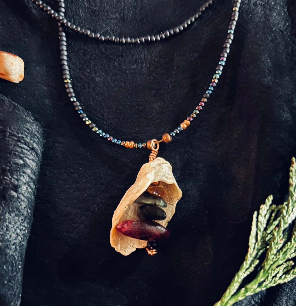 Dark Shores Double Wrap Necklace with Foraged Shell & Tourmaline Pendant