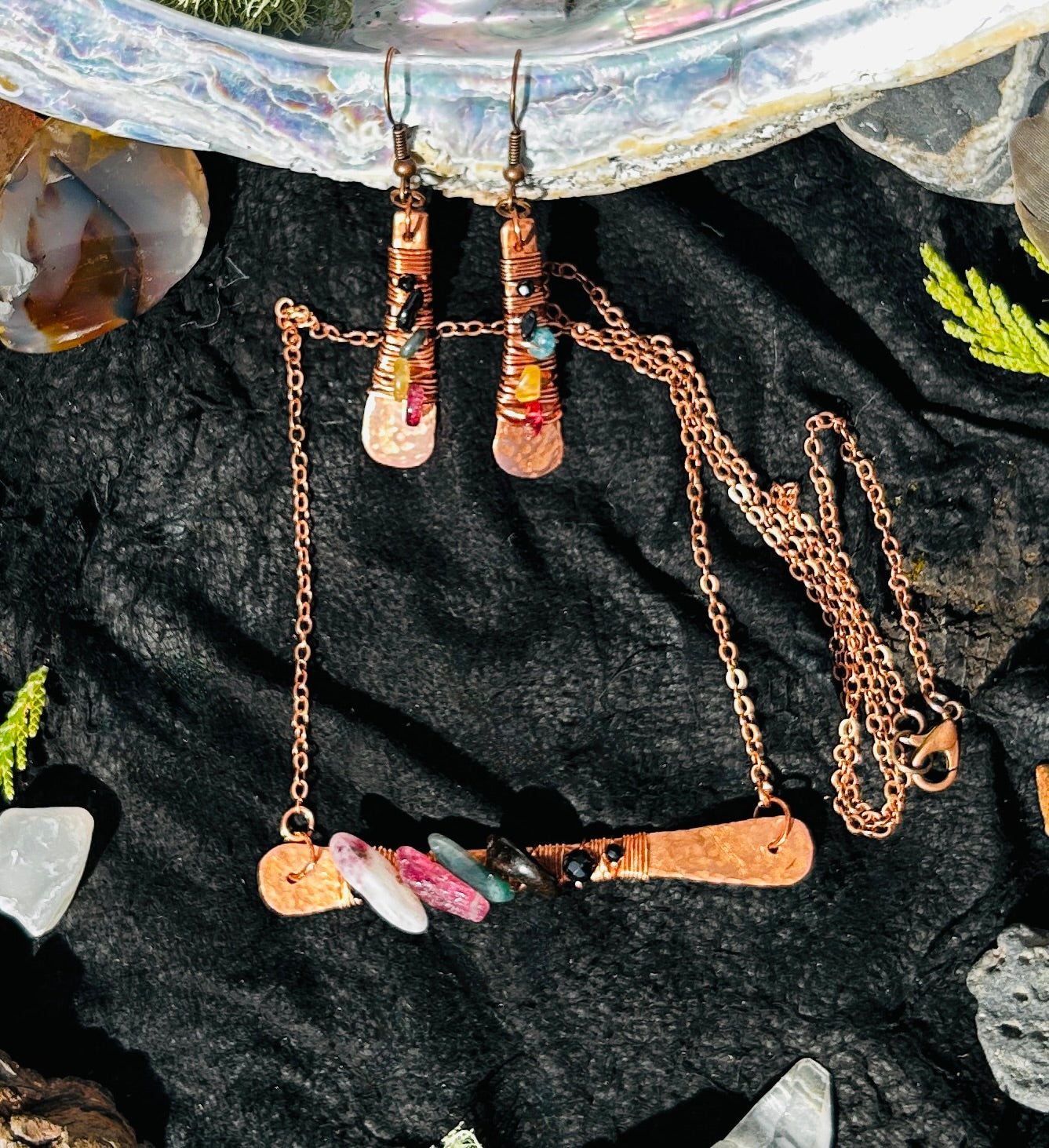 Hammered Copper & Tourmaline Talisman Necklace and Earring Set