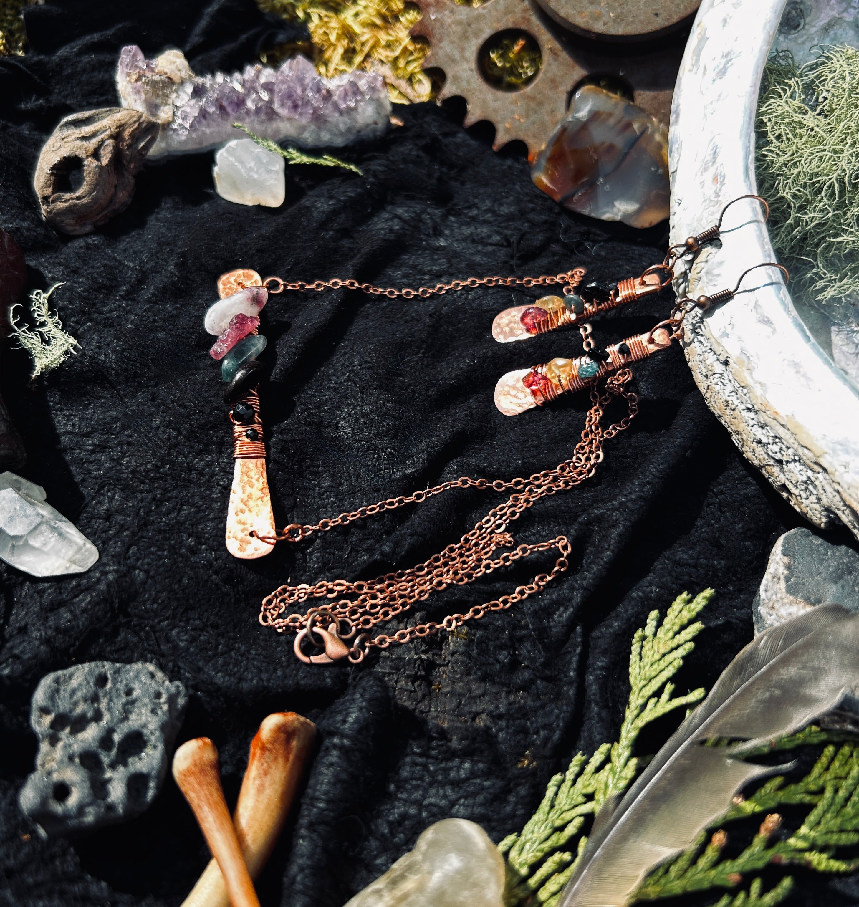 Hammered Copper & Tourmaline Talisman Necklace and Earring Set