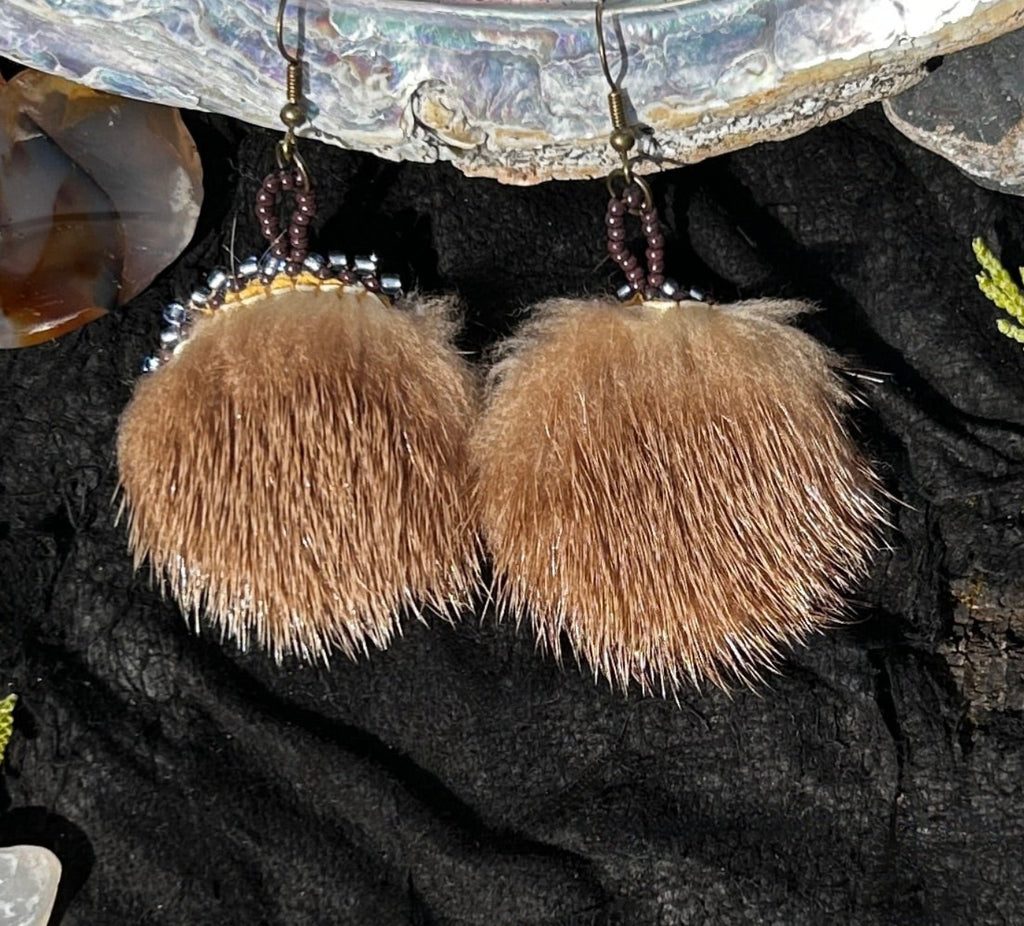 Round Beaded Otter Fur & Elk Hide Earrings