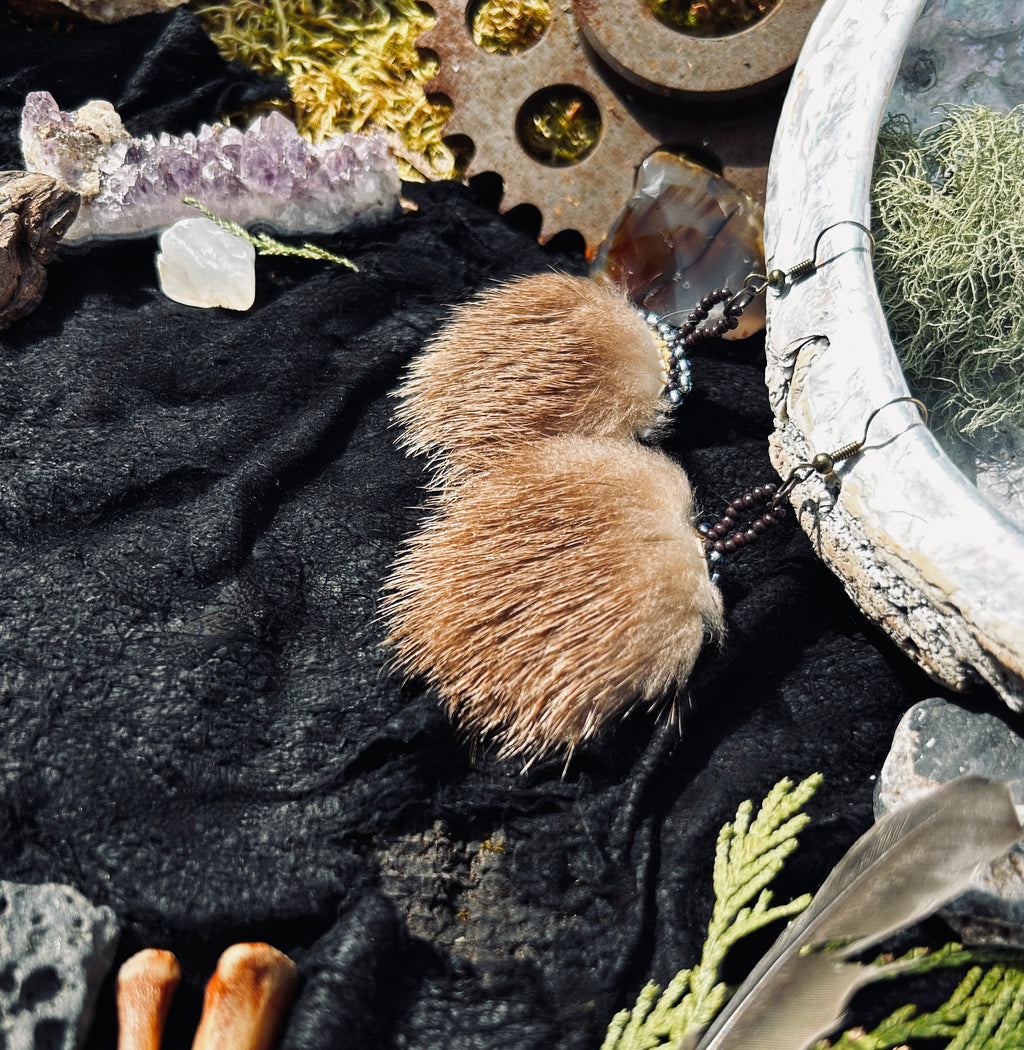 Round Beaded Otter Fur & Elk Hide Earrings