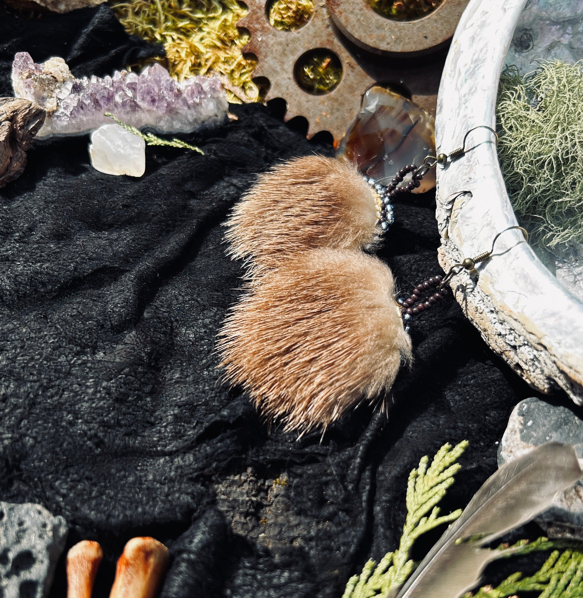 Round Beaded Otter Fur & Elk Hide Earrings