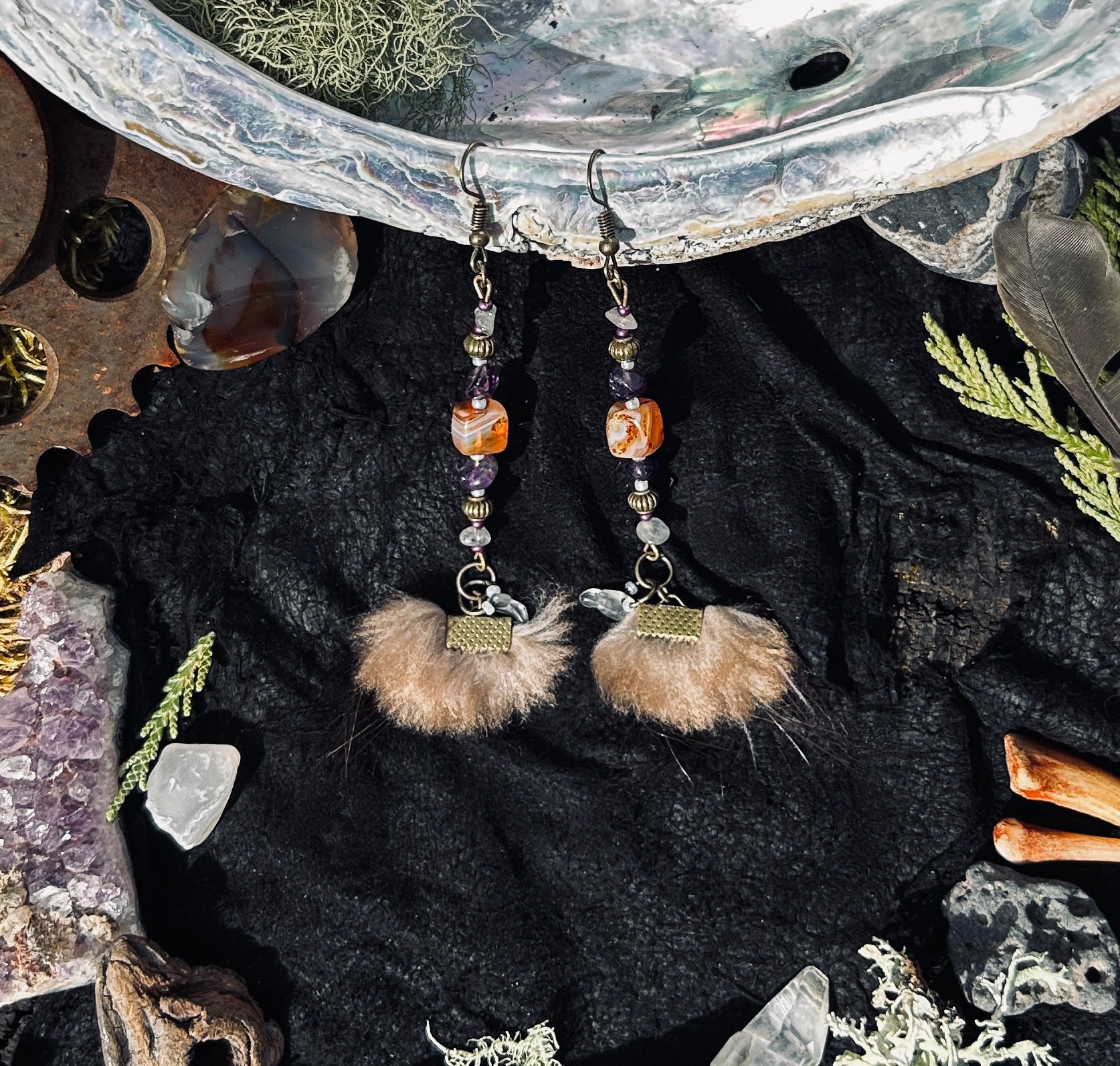 Botswana Agate & Amethyst Dangle Earrings with Beaver Fur Puffs