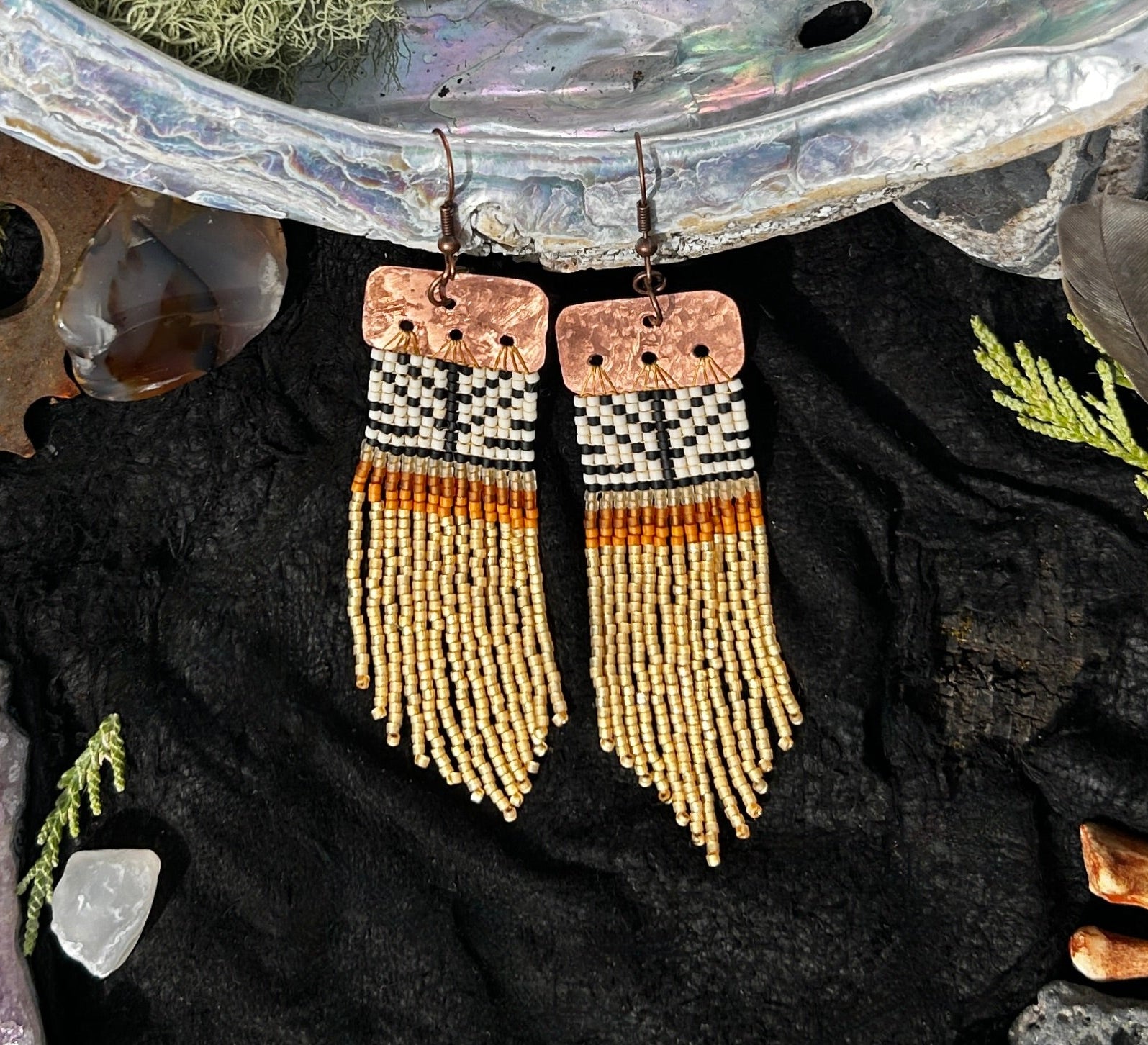 Large Cedar & Copper Basket Weave Fringe Earrings