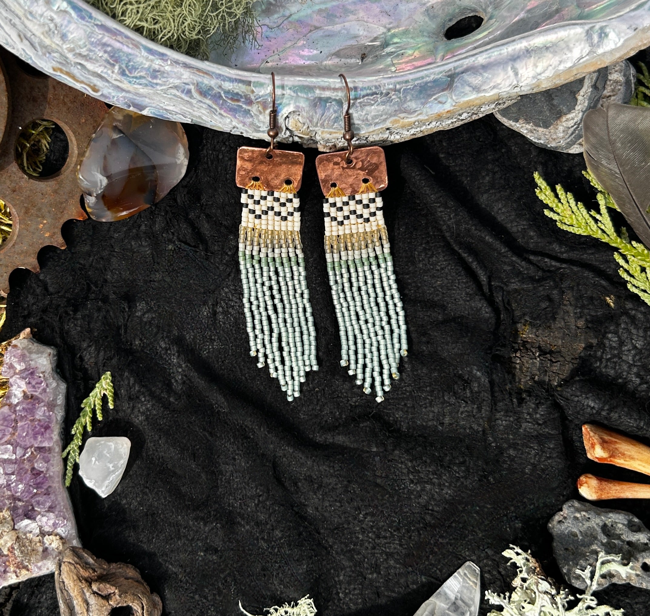 Sea Grass & Copper Beaded Basket Weave Fringe Earrings
