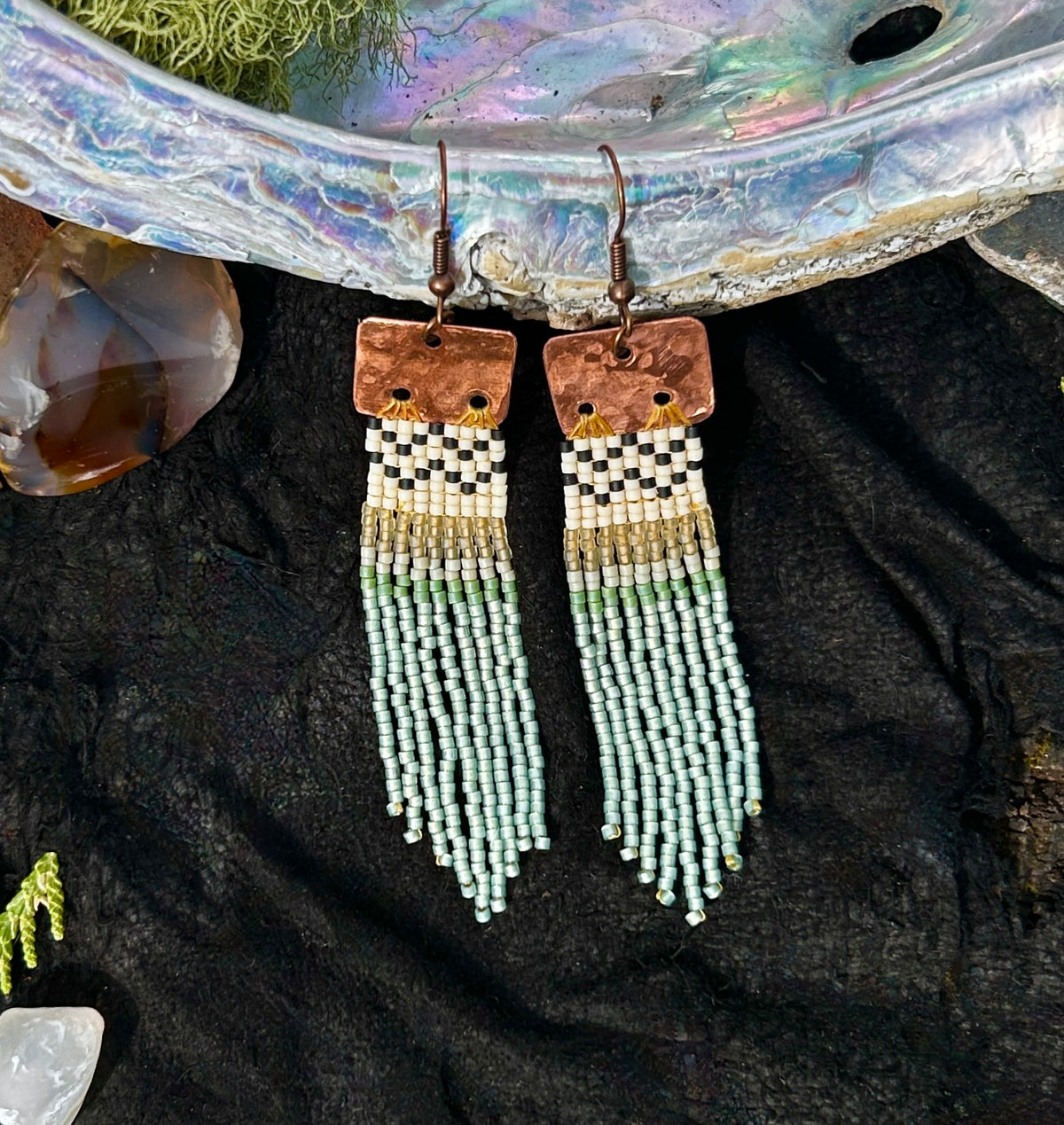 Copper & Sea Glass Basket Weave Fringe Earrings — Handmade
