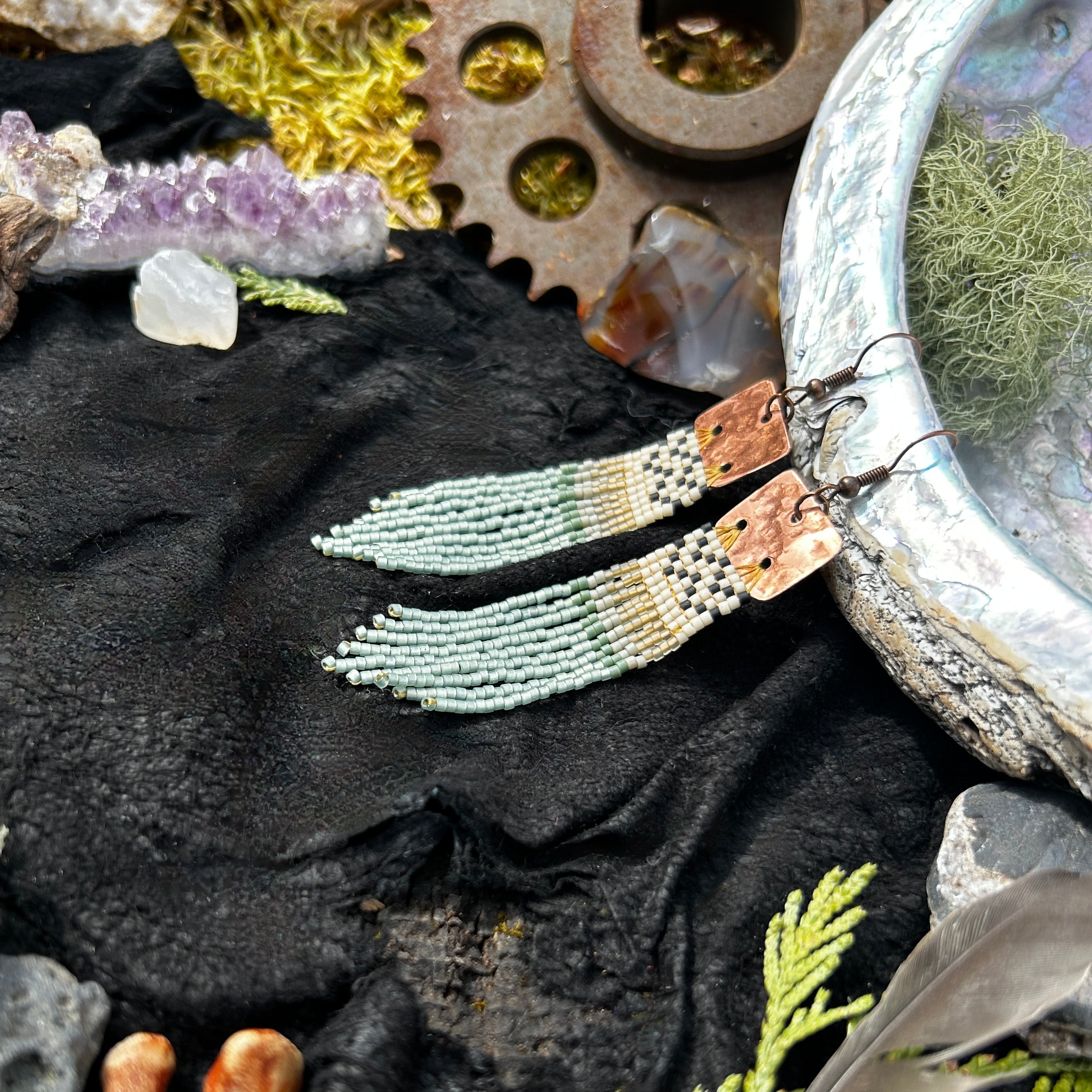 Sea Grass & Copper Beaded Basket Weave Fringe Earrings
