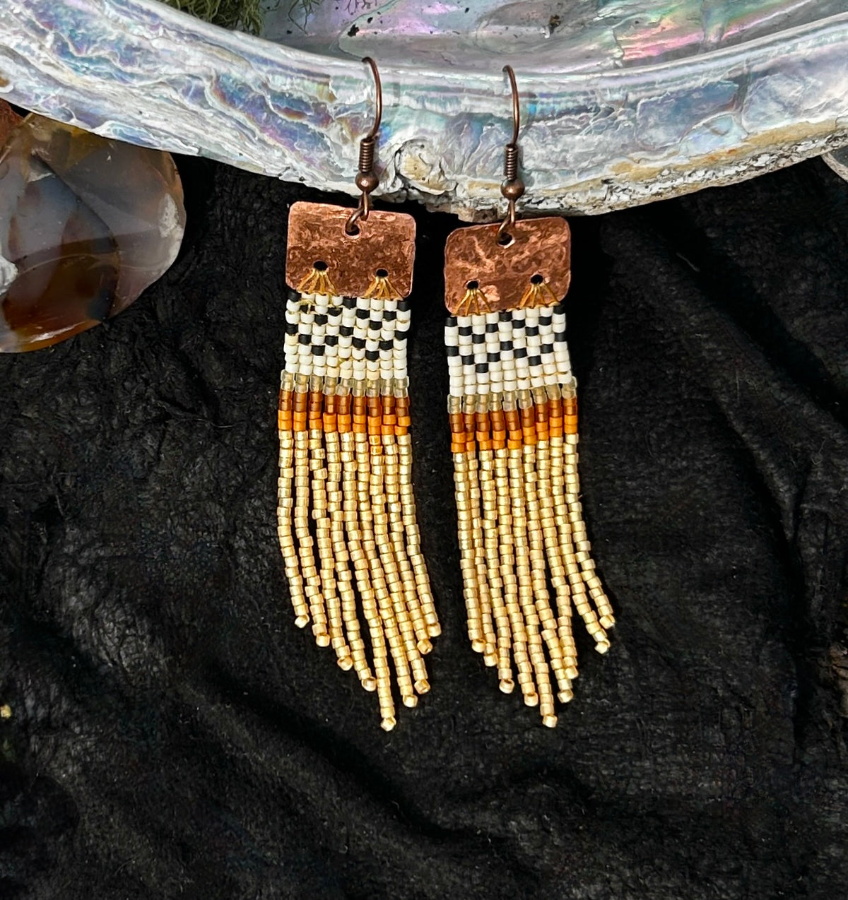 Copper Basket Weave Fringe Earrings with Cedar Beadwork — Handmade