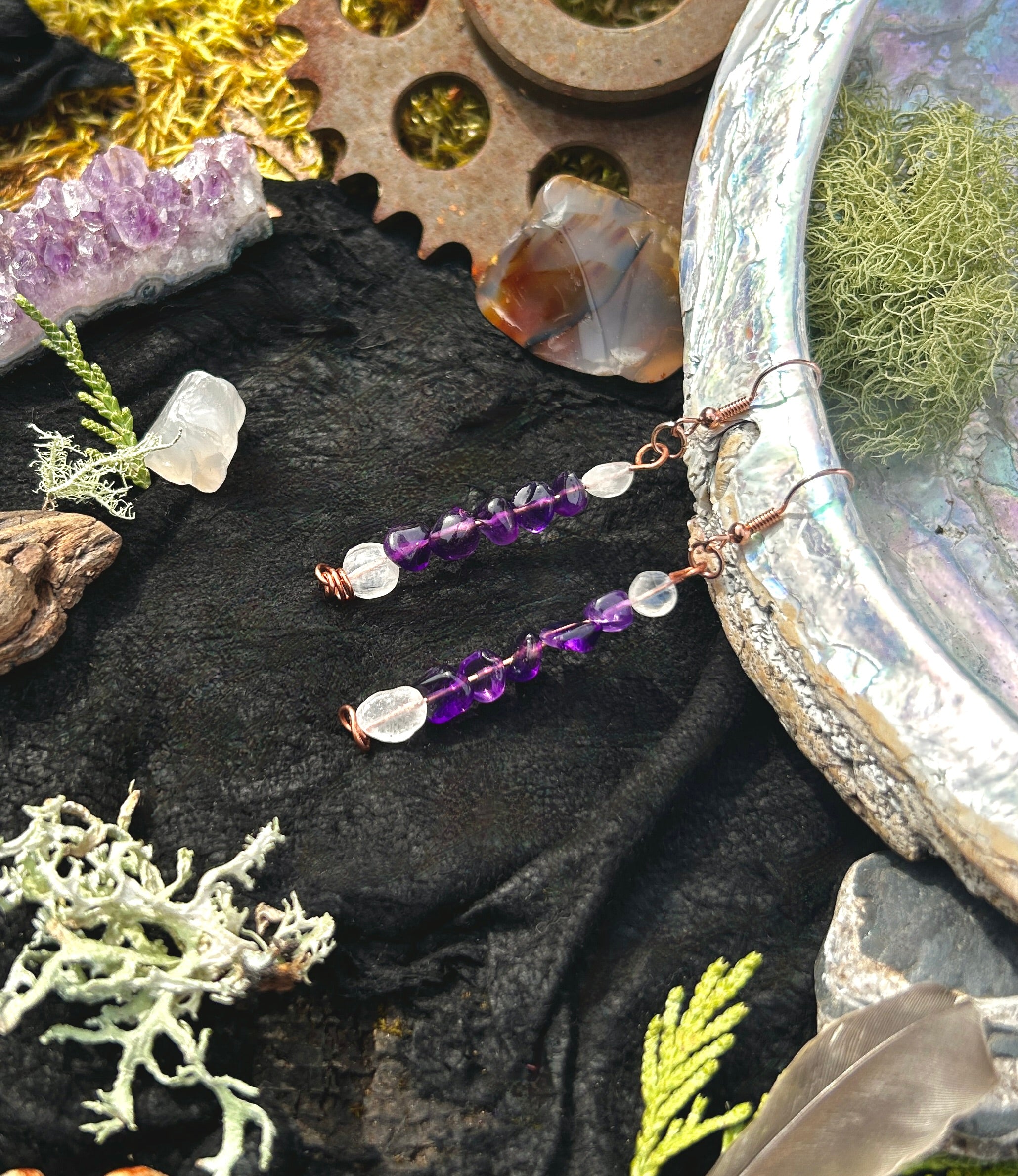 Copper & Amethyst Dangle Earrings with Rainbow Moonstone