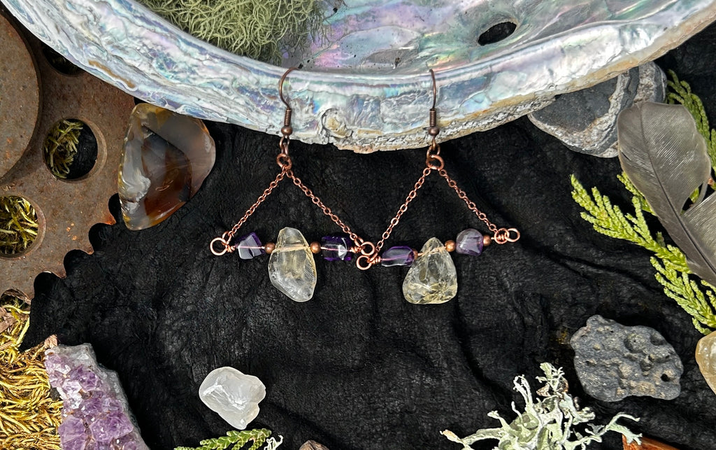 Raw Citrine & Amethyst Copper Triangle Earrings