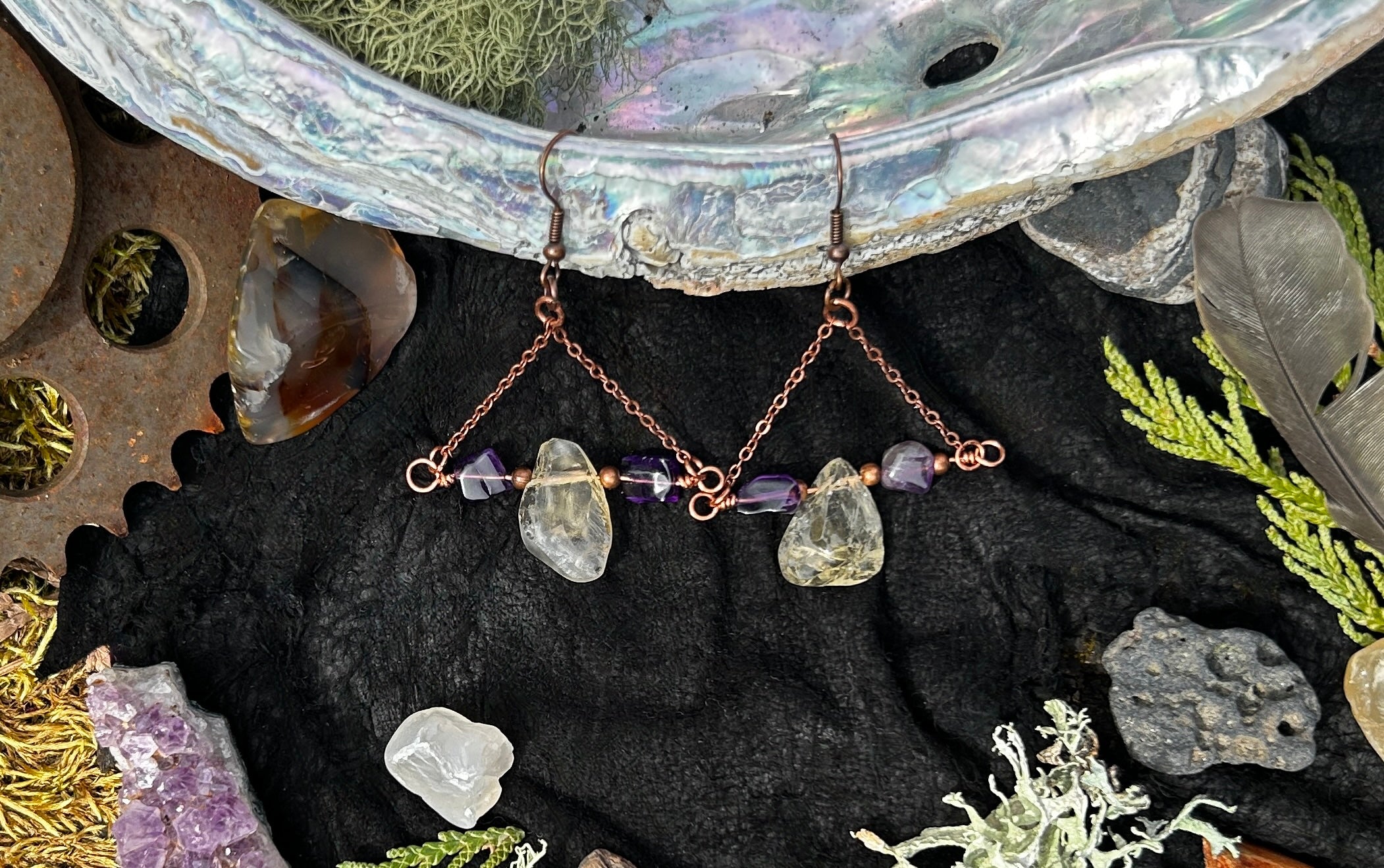 Raw Citrine & Amethyst Copper Triangle Earrings