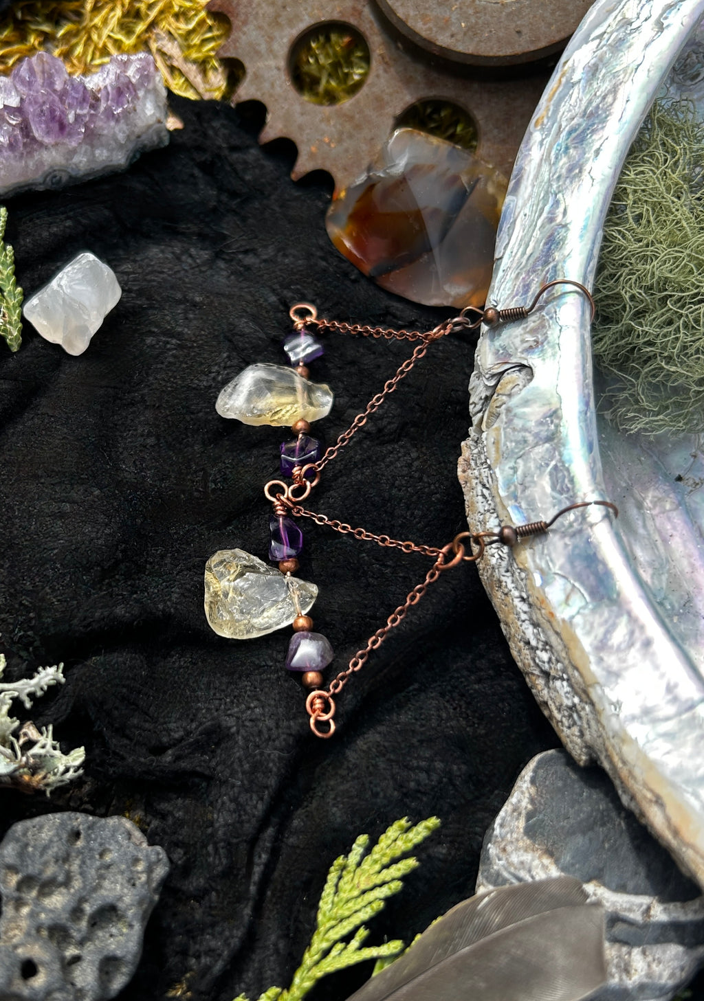 Raw Citrine & Amethyst Copper Triangle Earrings