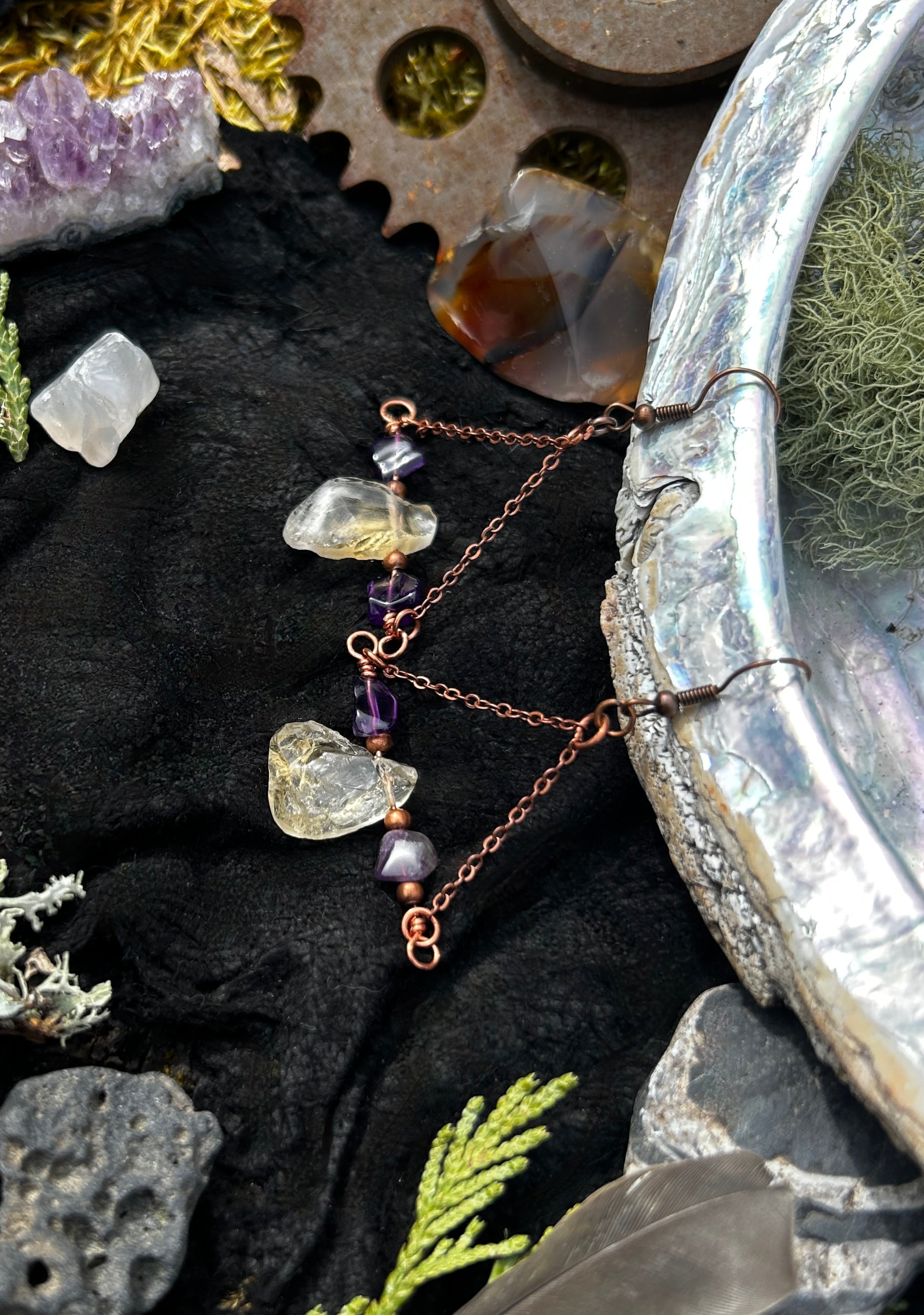 Raw Citrine & Amethyst Copper Triangle Earrings