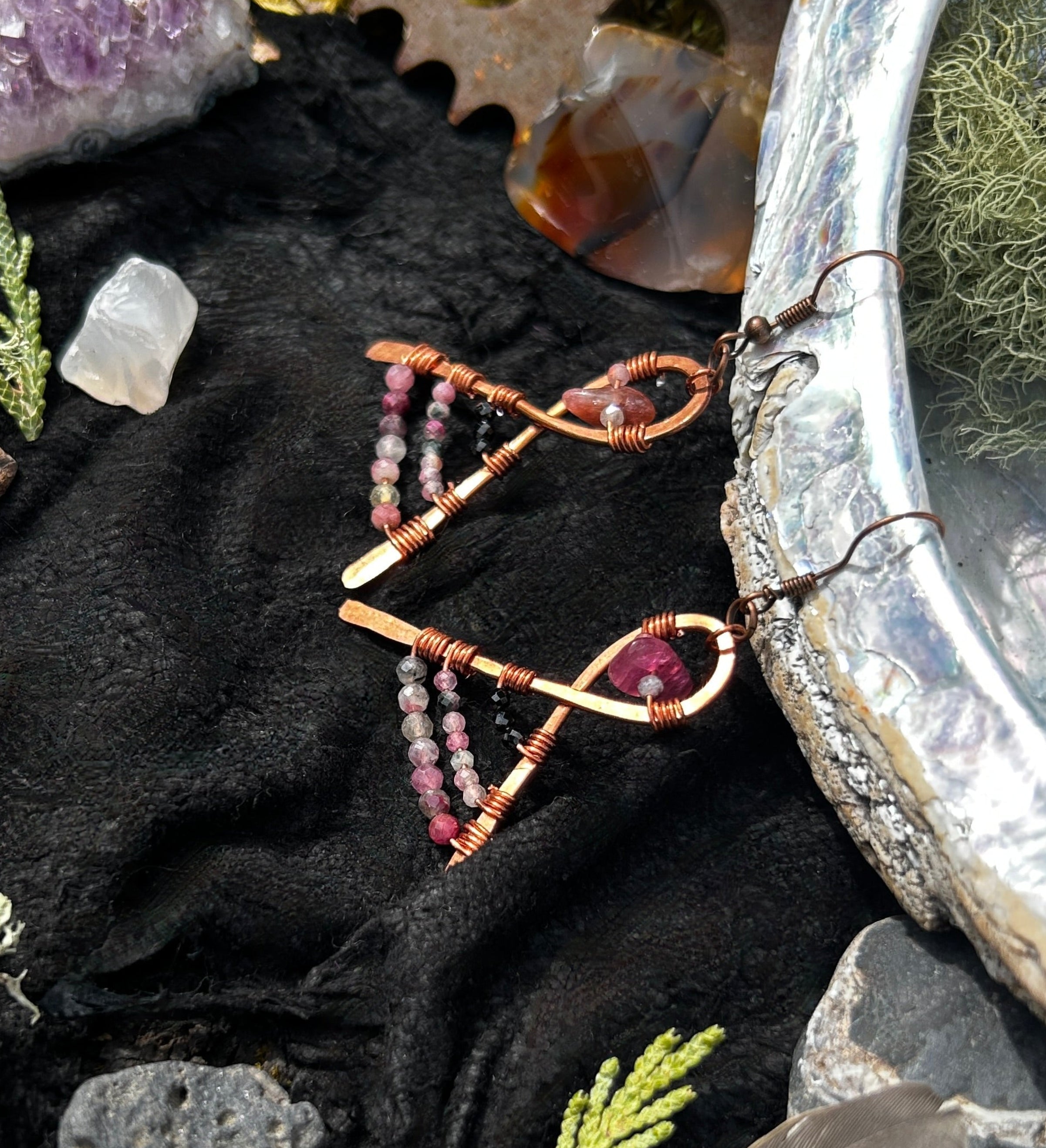 Hammered Copper Twist Earrings with Faceted Tourmaline & Black Spinel