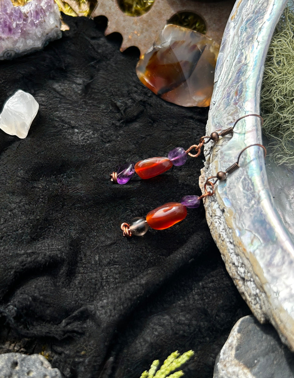 Copper Carnelian and Amethyst Drop Earrings