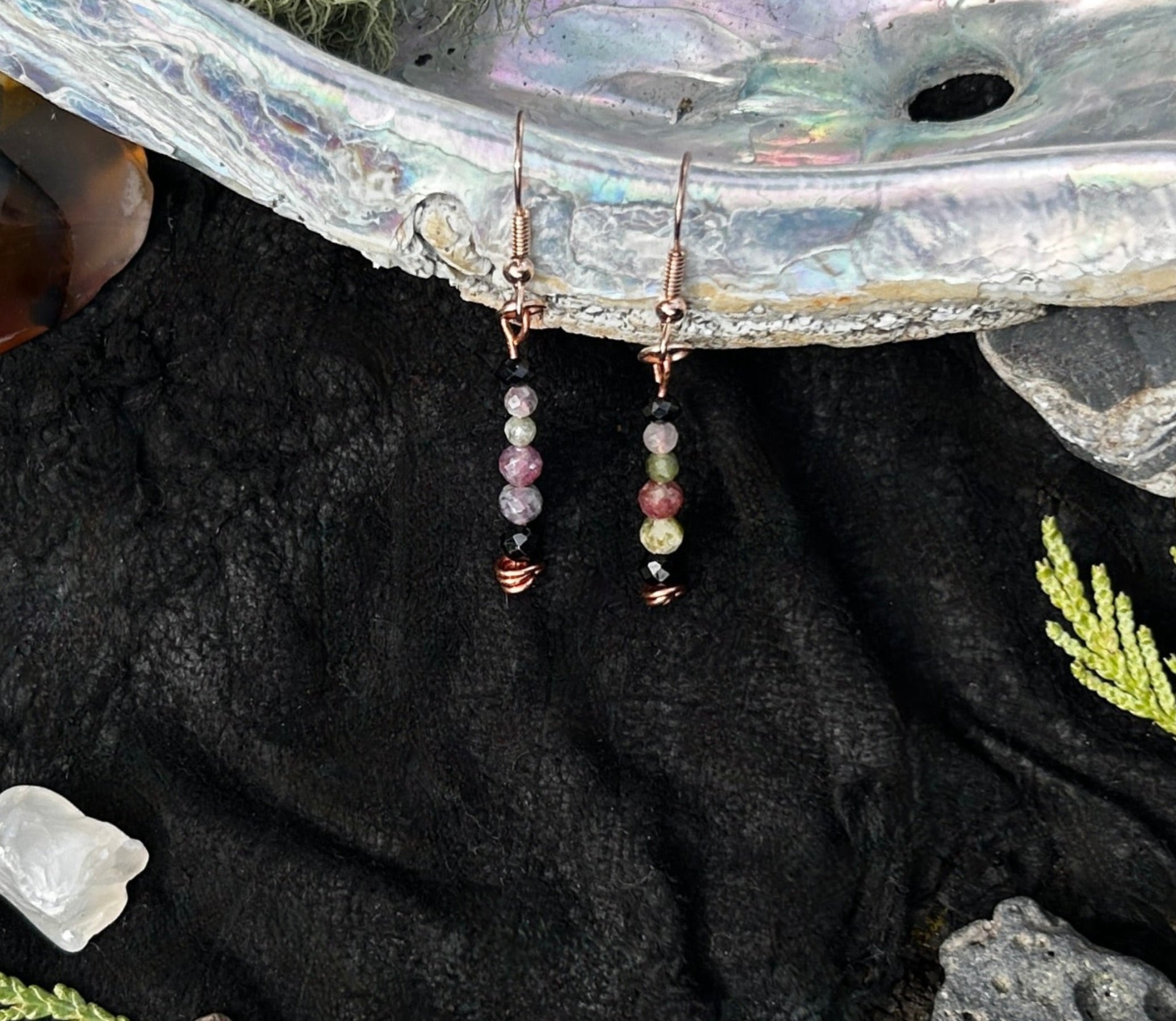 Hammered Copper Faceted Black Spinel and Tourmaline Earrings
