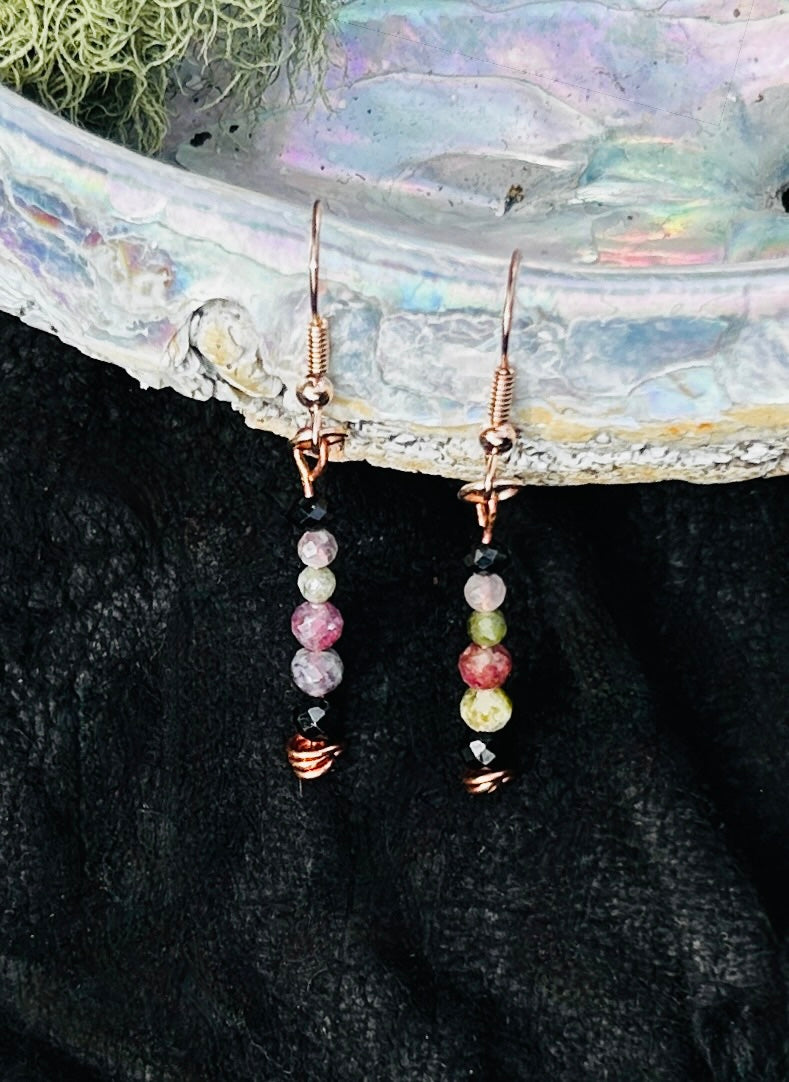 Faceted Tourmaline & Black Spinel Copper Dangle Earrings | Handmade