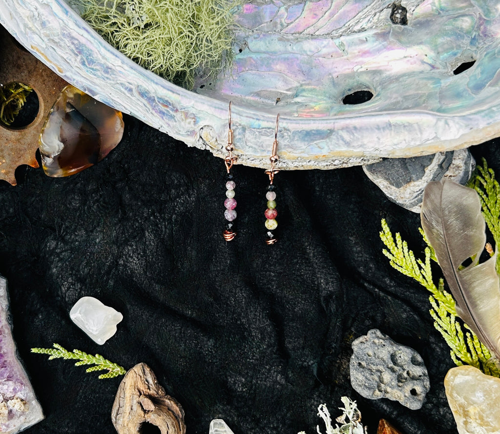Faceted Tourmaline & Black Spinel Copper Dangle Earrings | Handmade