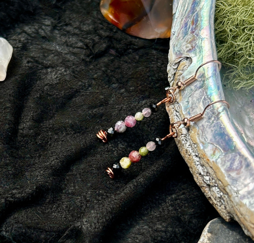 Hammered Copper Faceted Black Spinel and Tourmaline Earrings