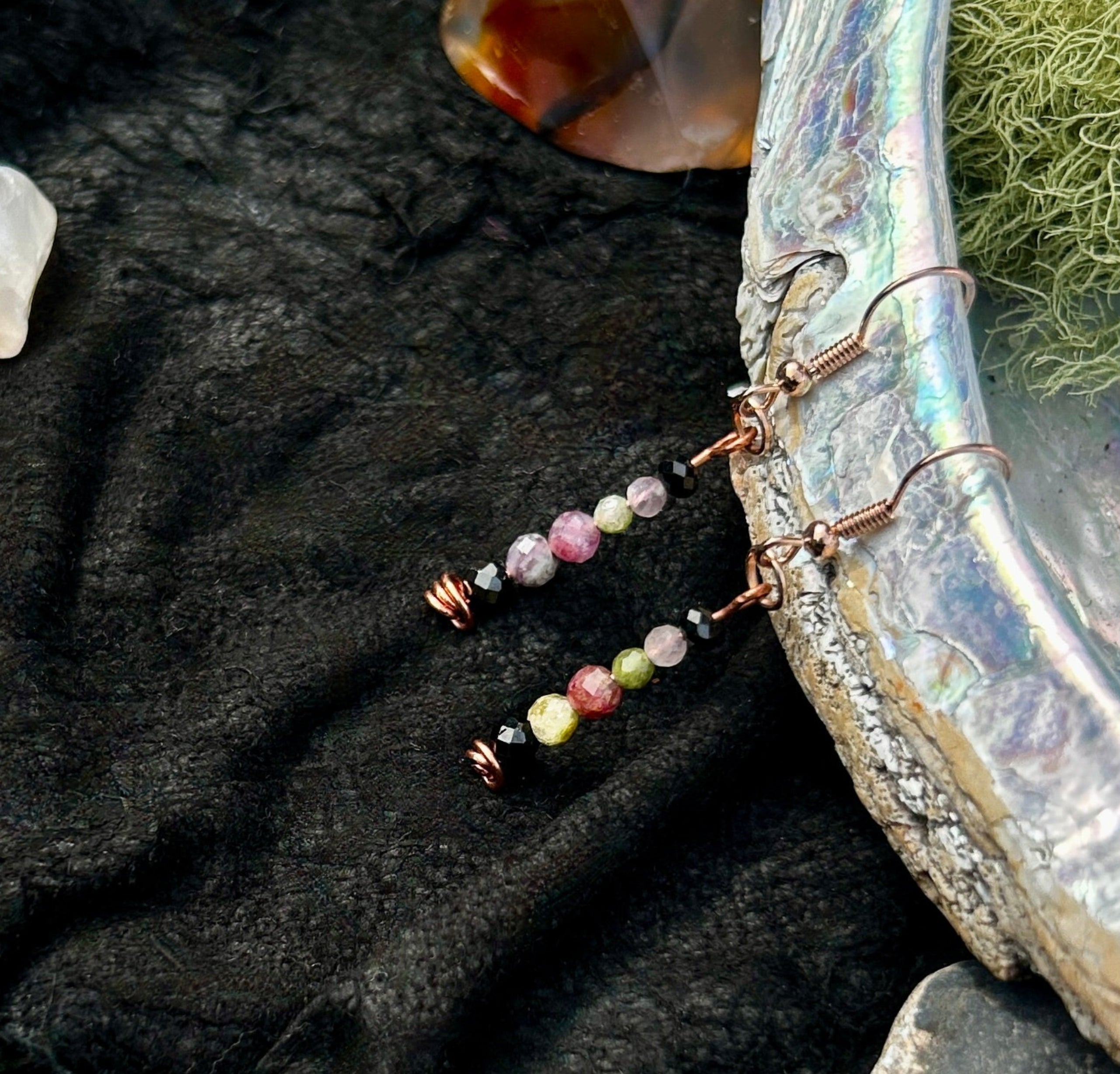 Hammered Copper Faceted Black Spinel and Tourmaline Earrings