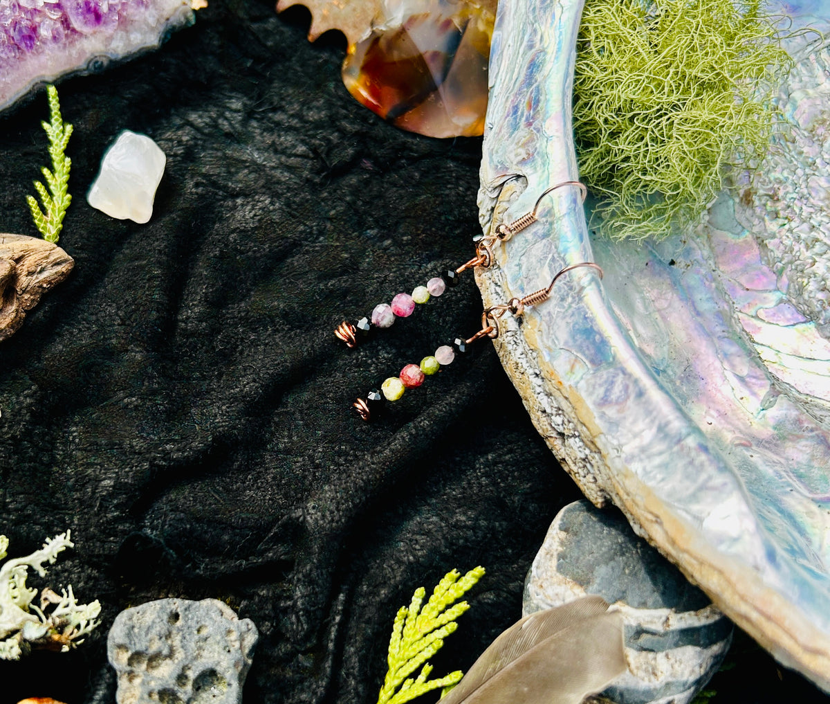 Faceted Tourmaline & Black Spinel Copper Dangle Earrings | Handmade