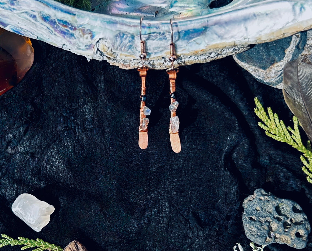 Hammered Copper Paddle Earrings with Labradorite & Black Spinel — Handmade