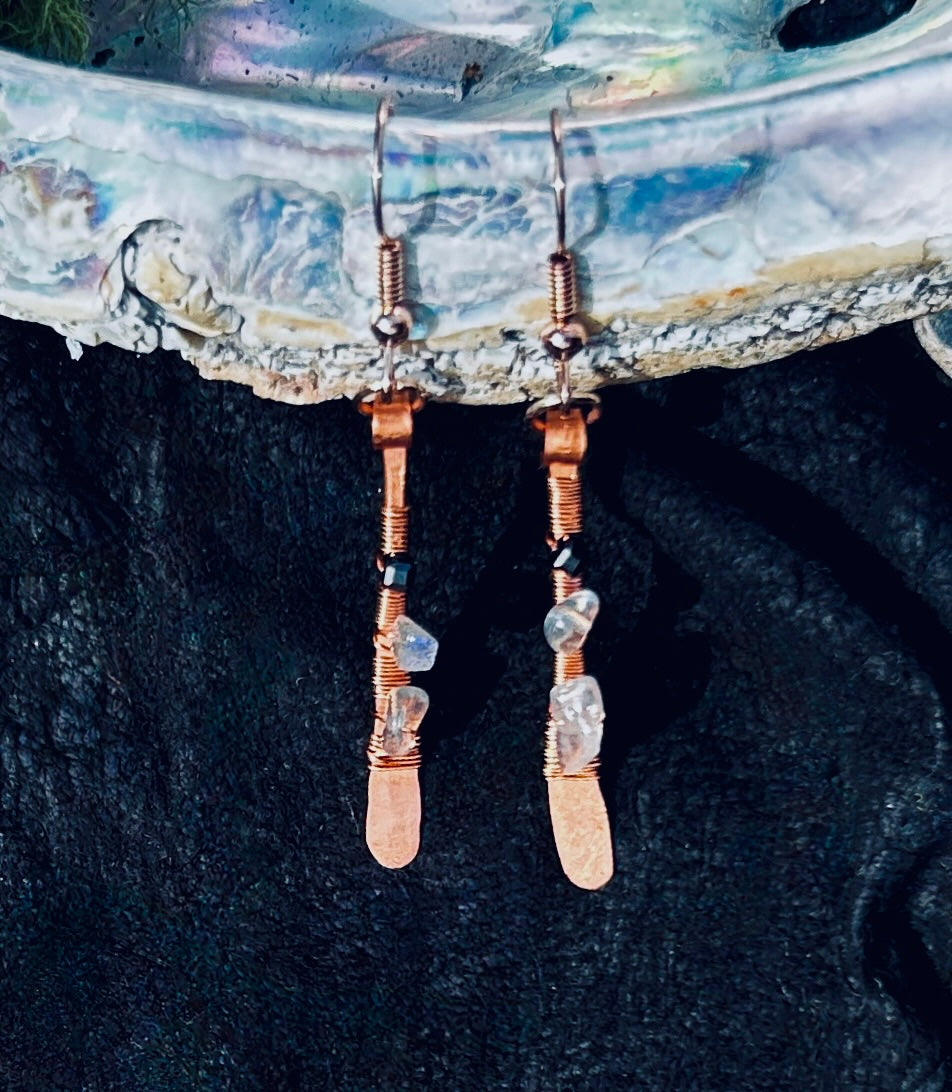 Hammered Copper Paddle Earrings with Labradorite & Black Spinel — Handmade
