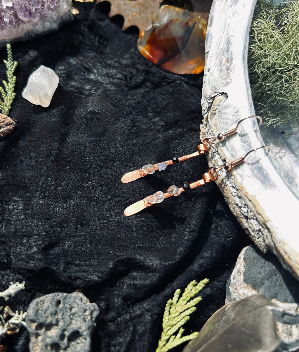 Labradorite & Black Spinel Copper Paddle Earrings