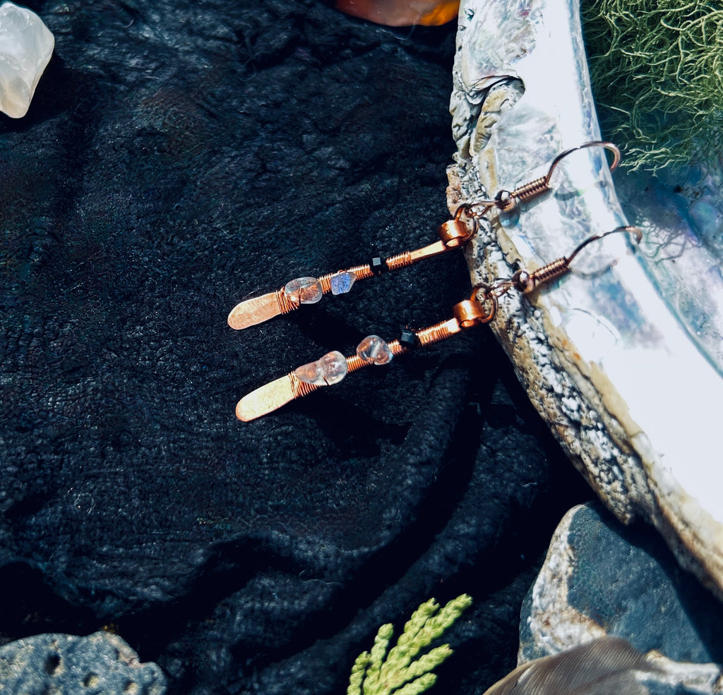 Hammered Copper Paddle Earrings with Labradorite & Black Spinel — Handmade