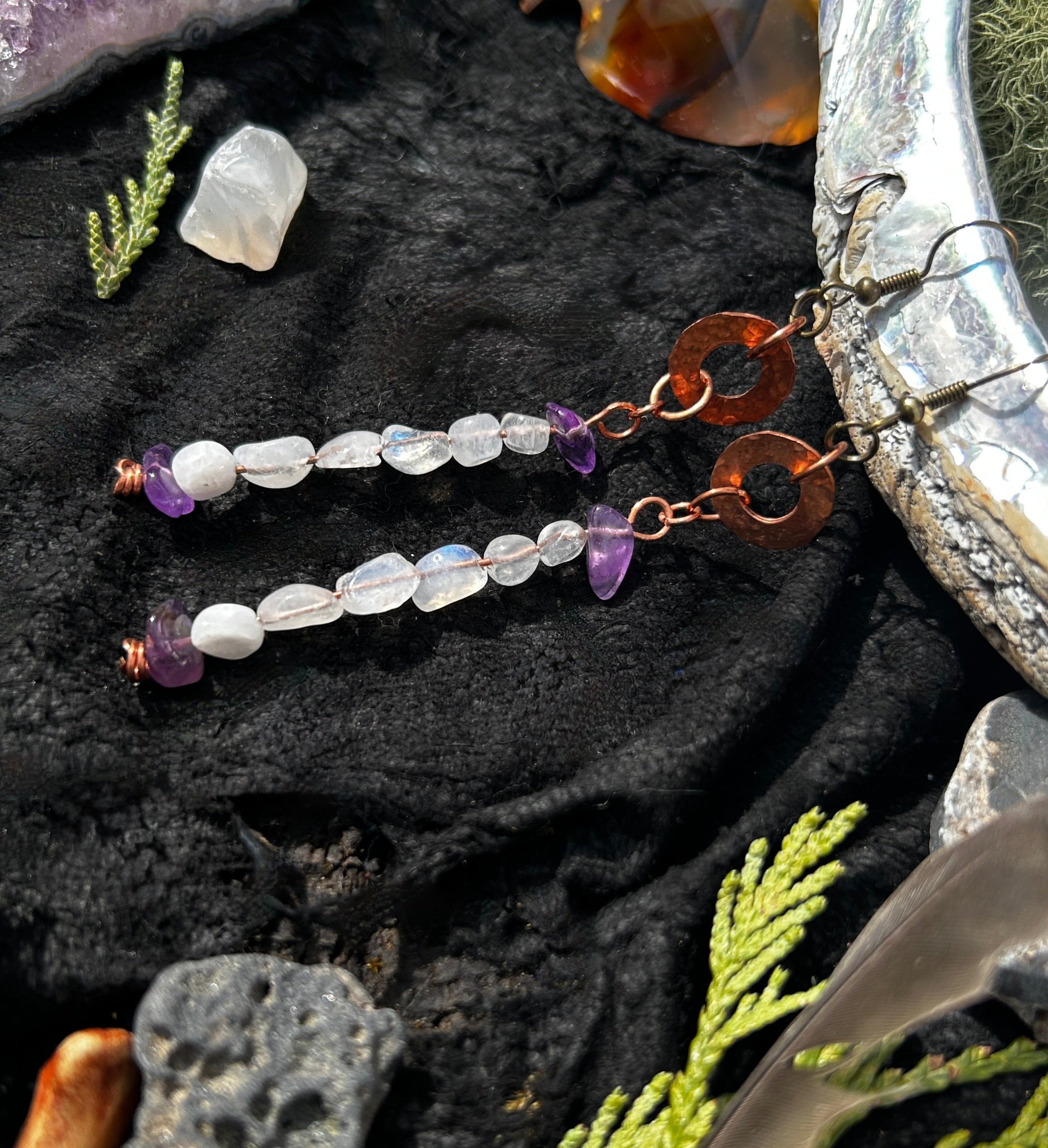 Moonstone & Amethyst Hammered Copper Ring Earrings