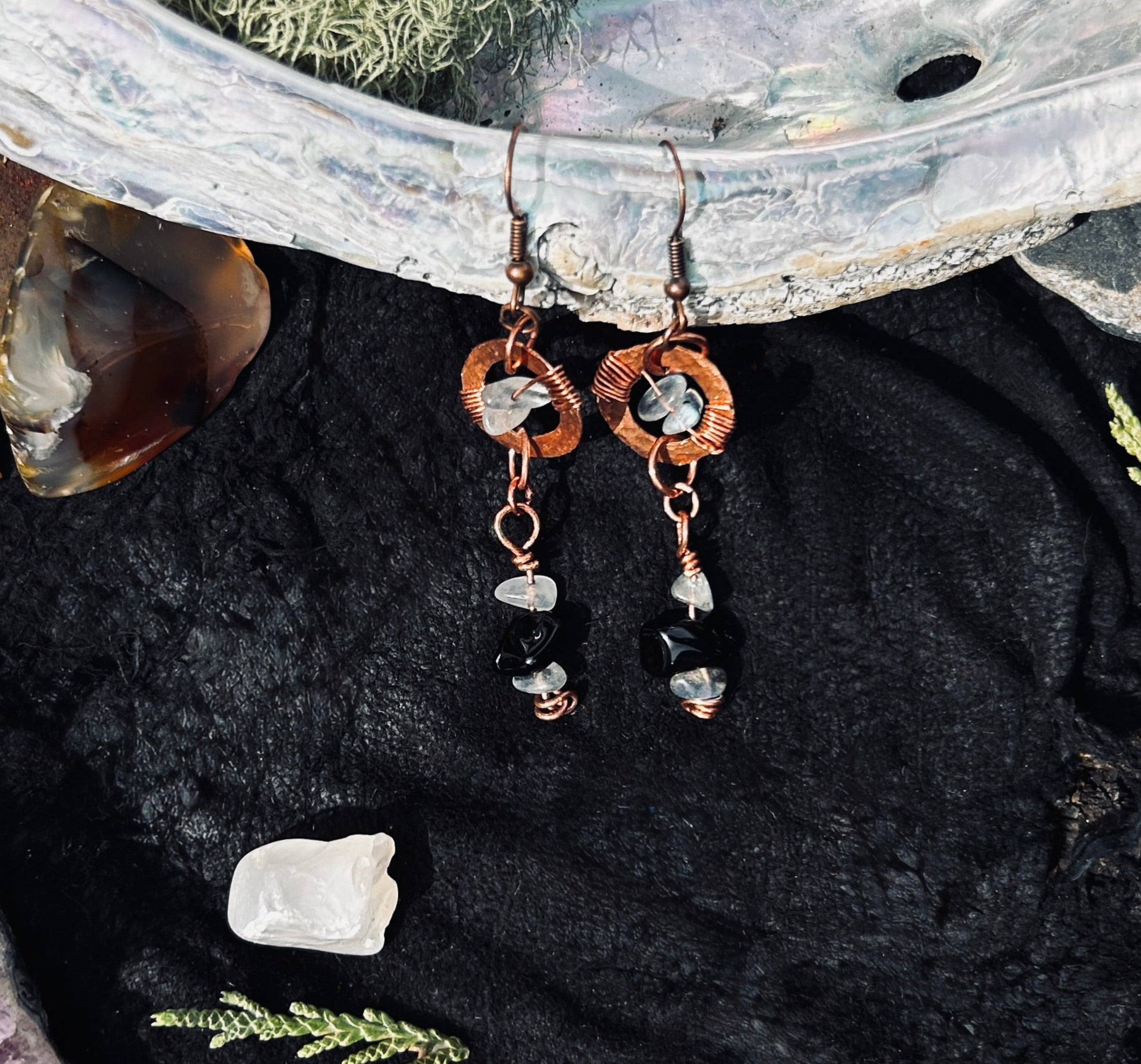 Hammered Copper Ring Earrings with Obsidian and Labradorite Drops