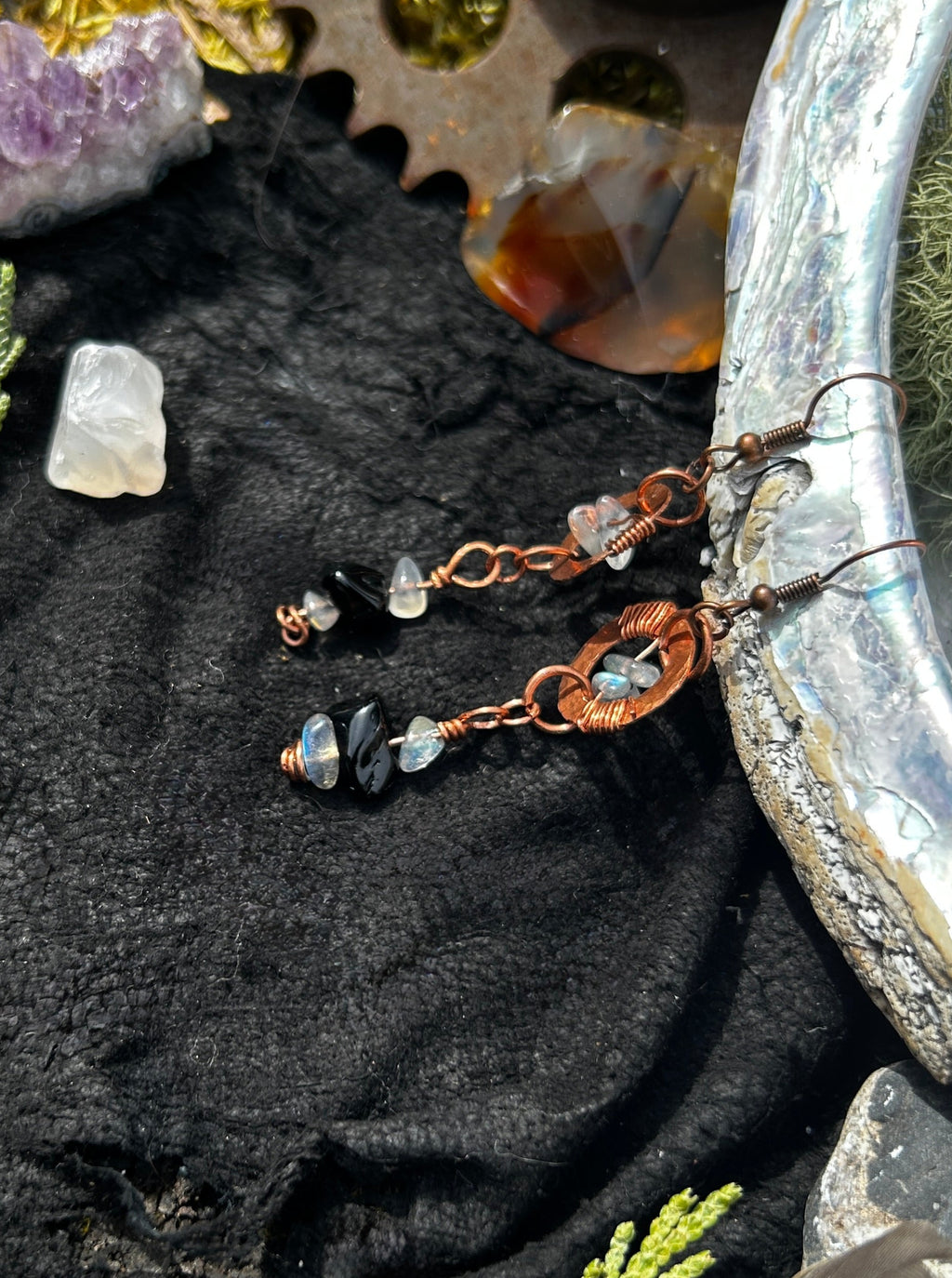 Hammered Copper Ring Earrings with Obsidian and Labradorite Drops