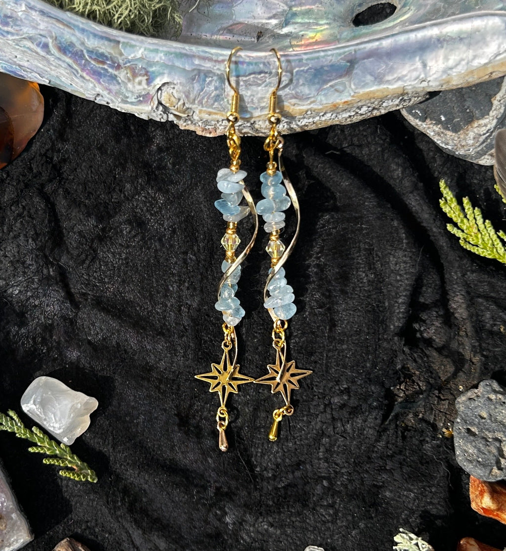 Gold & Aquamarine Spiral Dangle Earrings