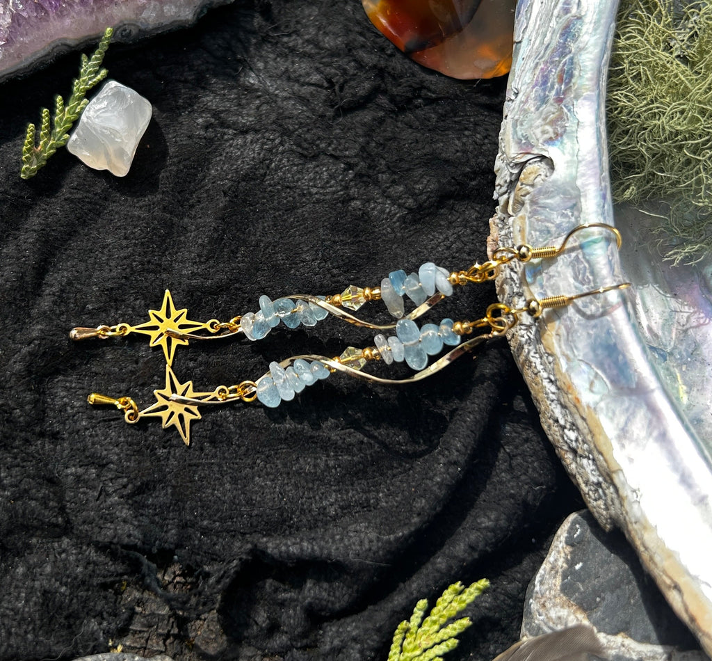Gold & Aquamarine Spiral Dangle Earrings