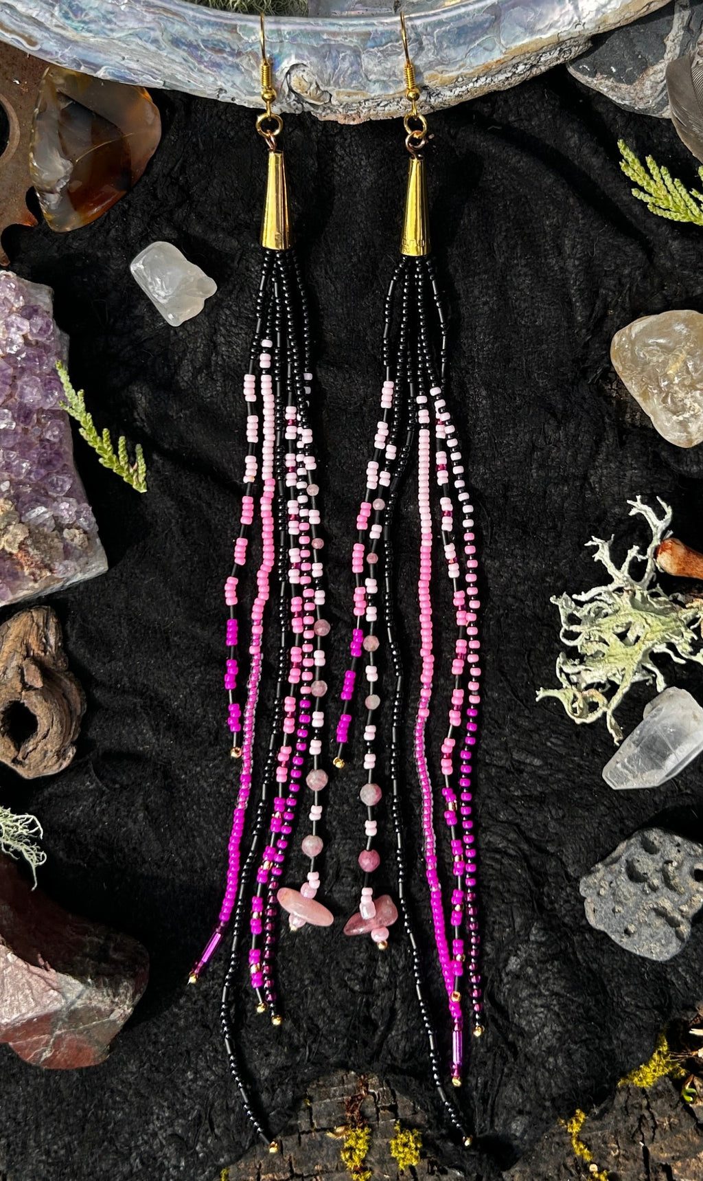 Black & Pink Shoulder Duster Earrings with Black Spinel & Tourmaline