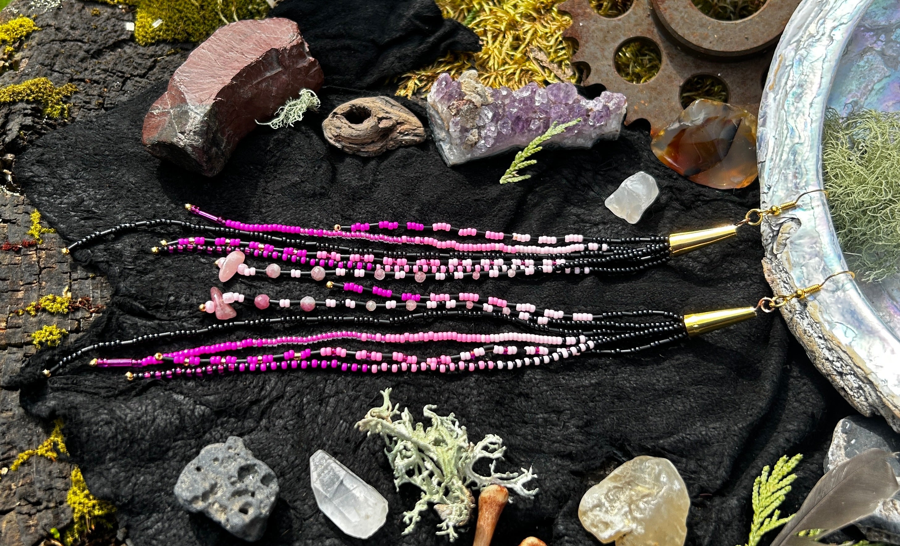 Black & Pink Shoulder Duster Earrings with Black Spinel & Tourmaline
