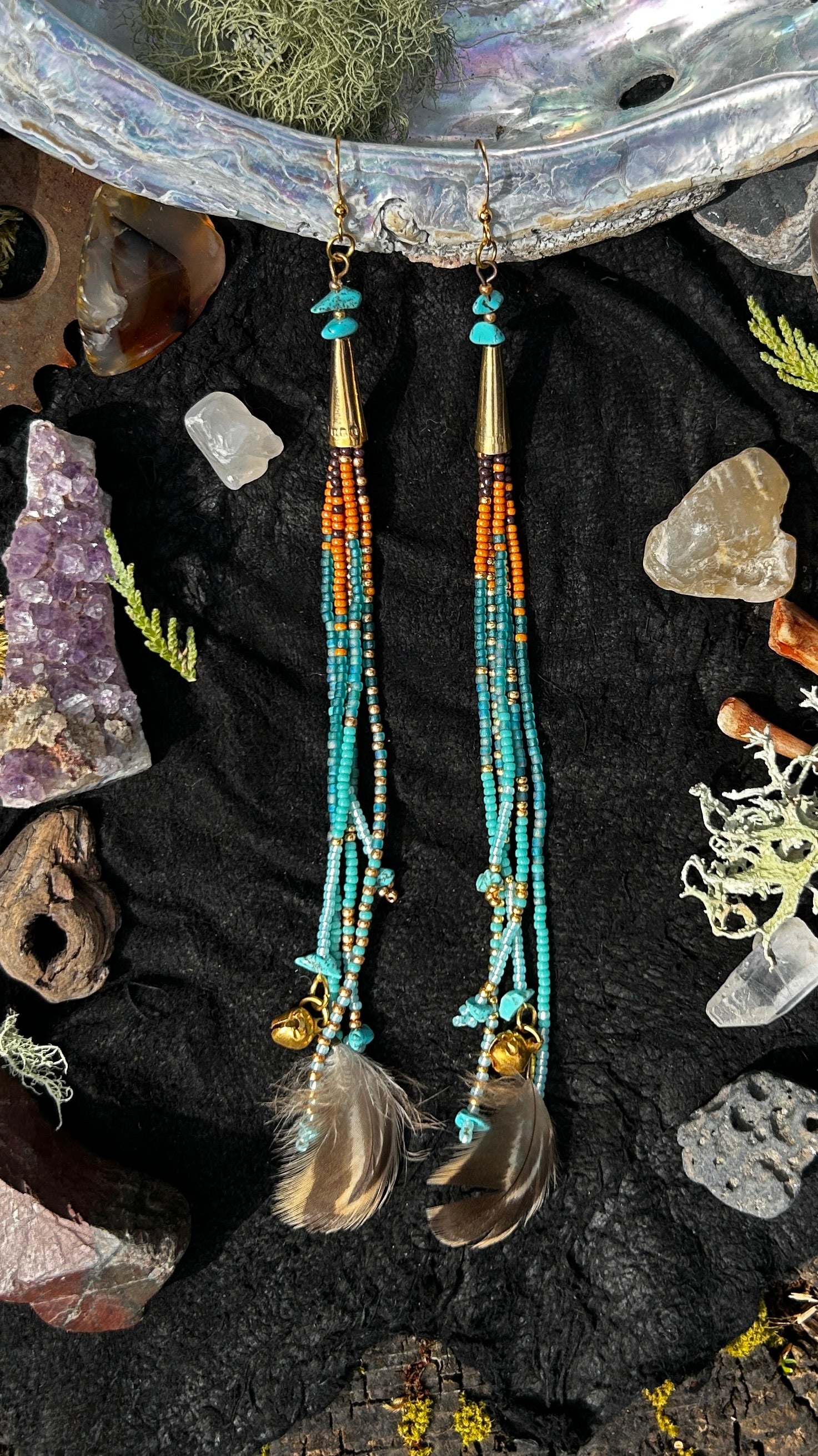 Shoulder Duster Beaded Fringe Earrings in Turquoise & Gold