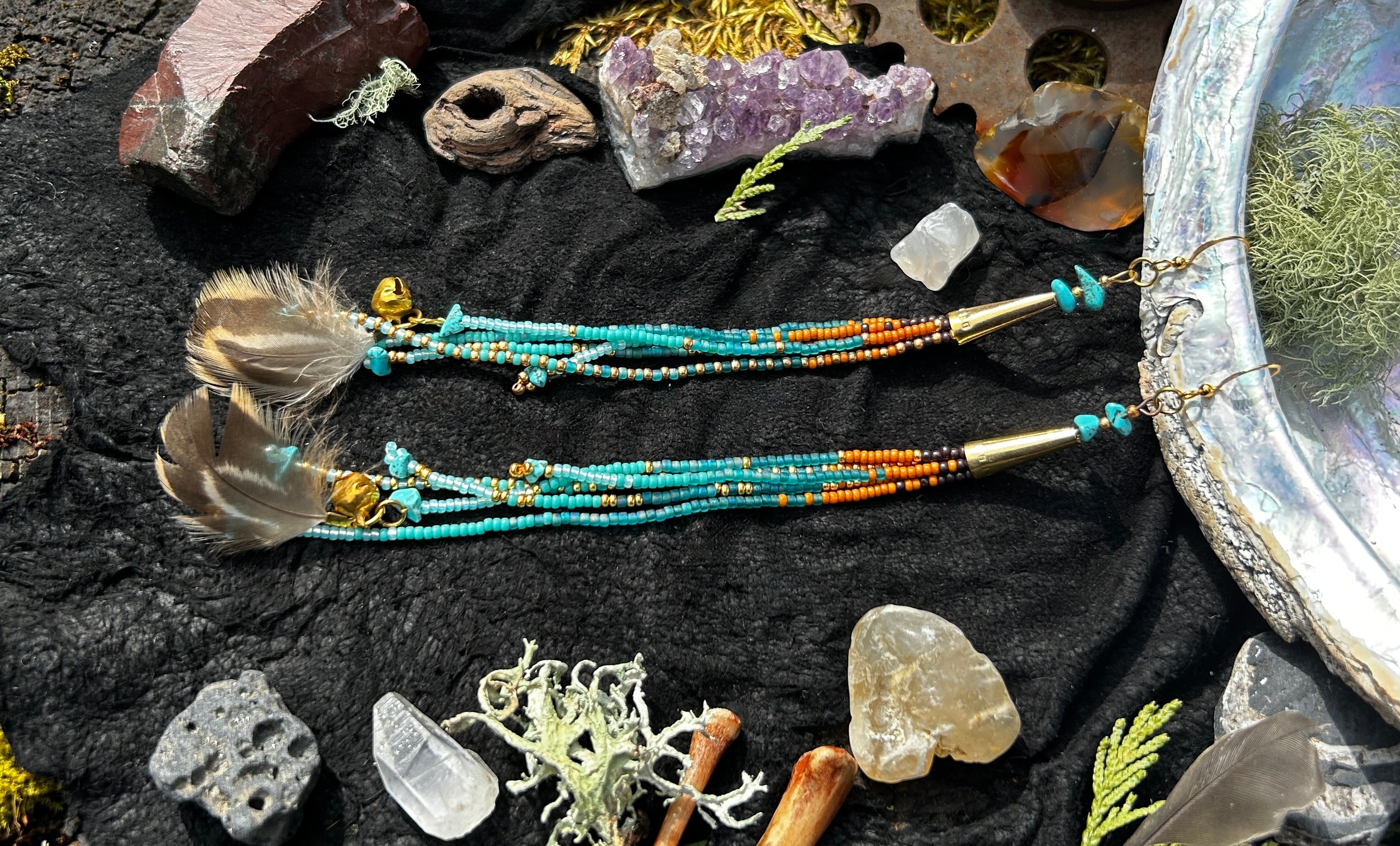 Shoulder Duster Beaded Fringe Earrings in Turquoise & Gold