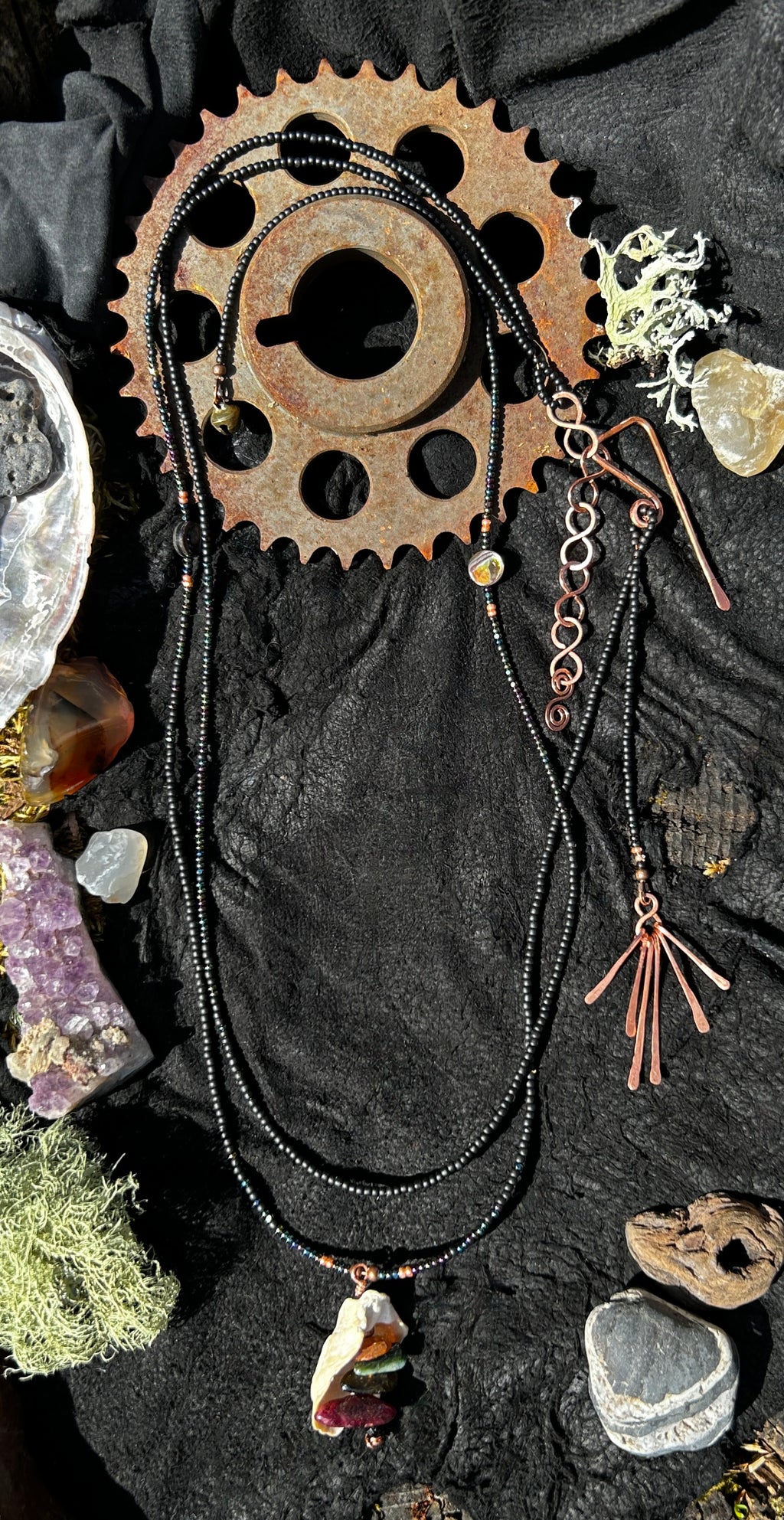 Dark Shores Double Wrap Necklace with Foraged Shell & Tourmaline Pendant