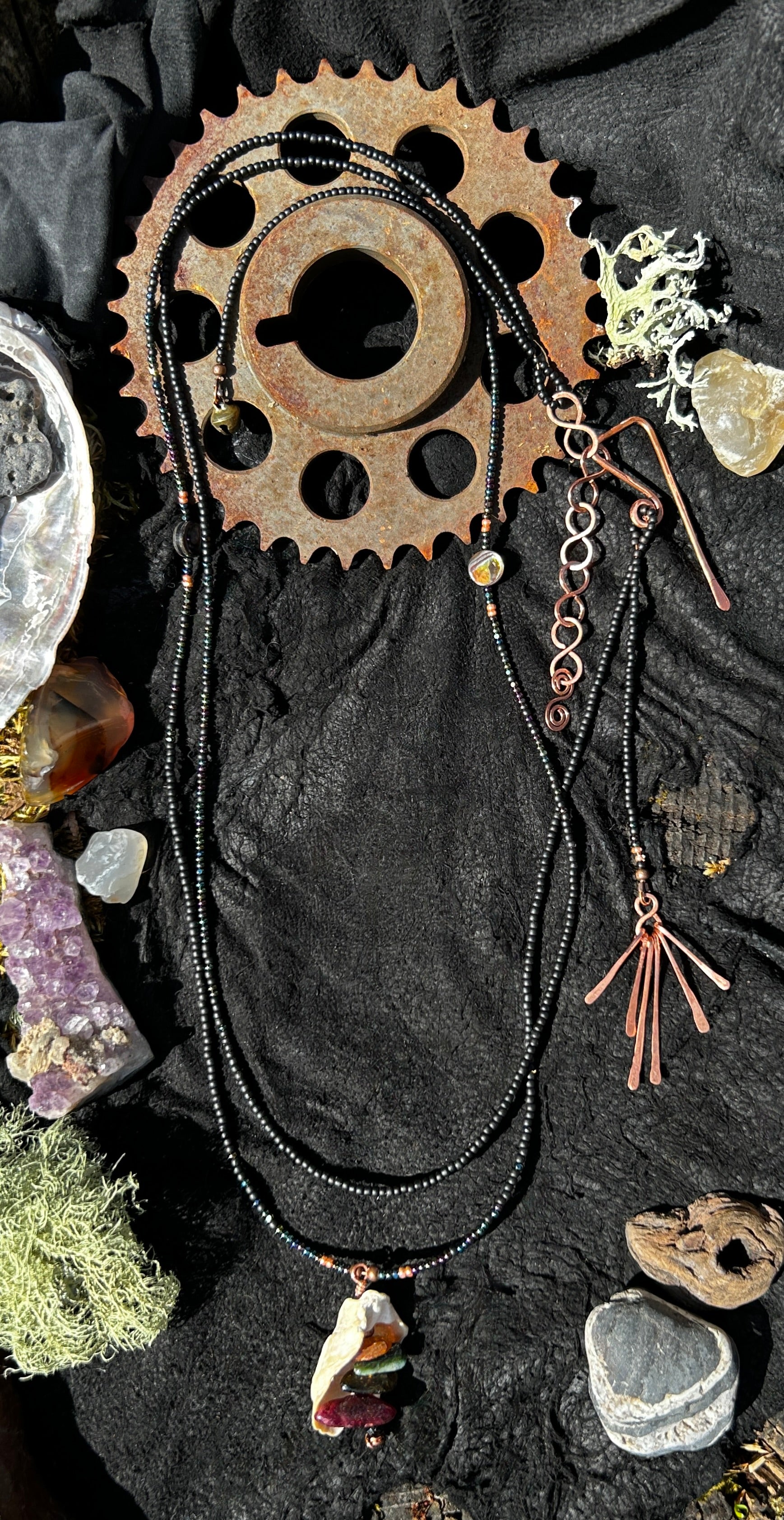Dark Shores Double Wrap Necklace with Foraged Shell & Tourmaline Pendant