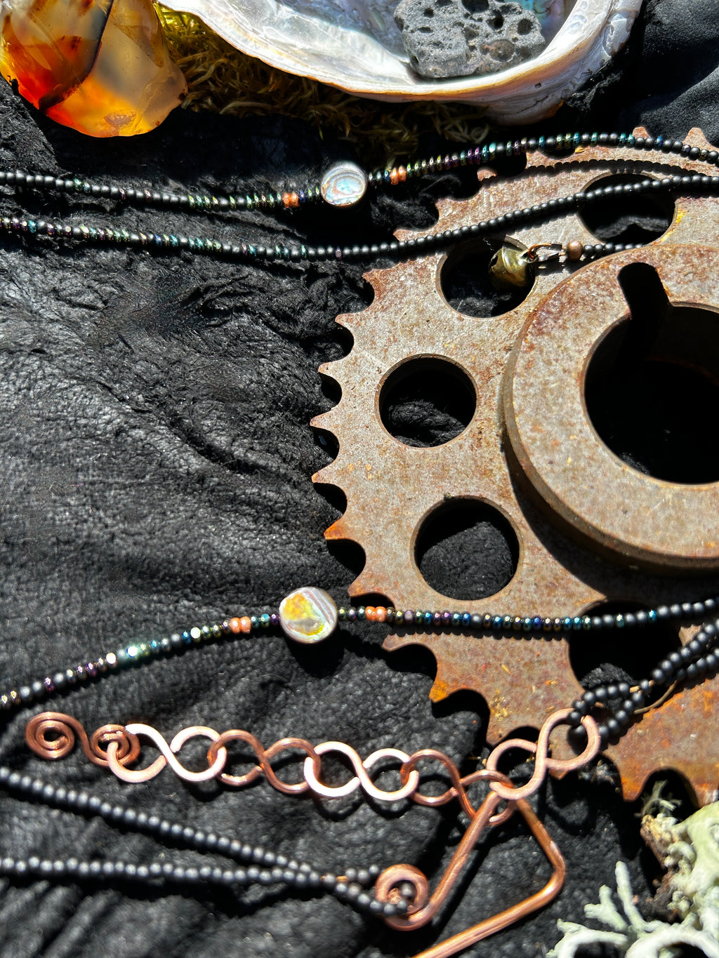 Dark Shores Double Wrap Necklace with Foraged Shell & Tourmaline Pendant