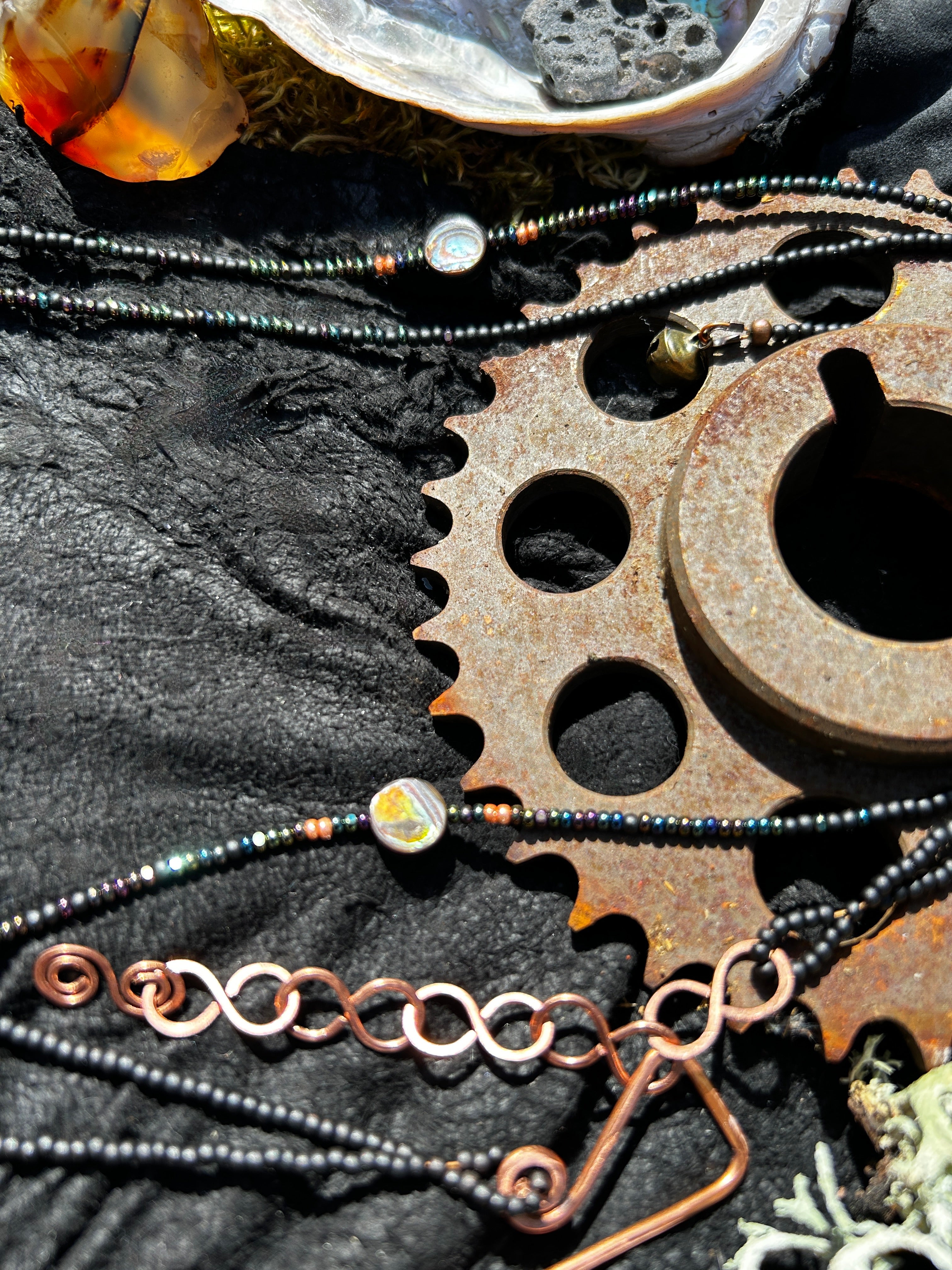 Dark Shores Double Wrap Necklace with Foraged Shell & Tourmaline Pendant