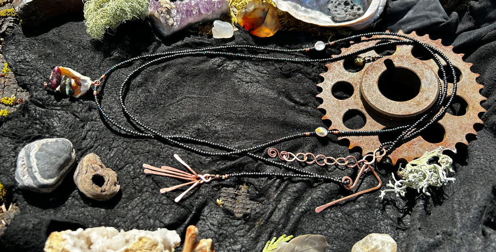 Dark Shores Bead and Tourmaline Statement Earring & Wrap Necklace Set