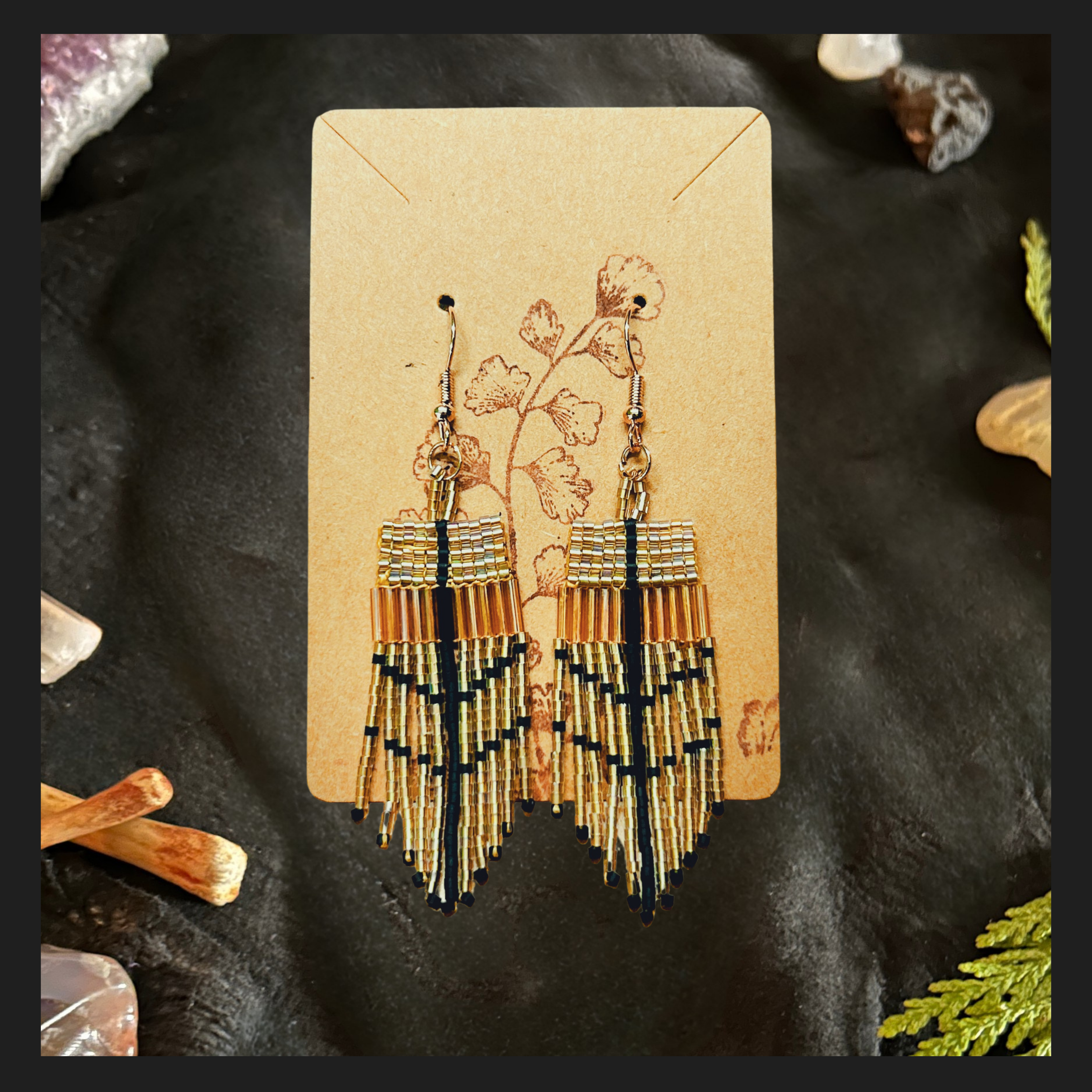Dusty Rose Gold & Black Beaded Fringe Earrings