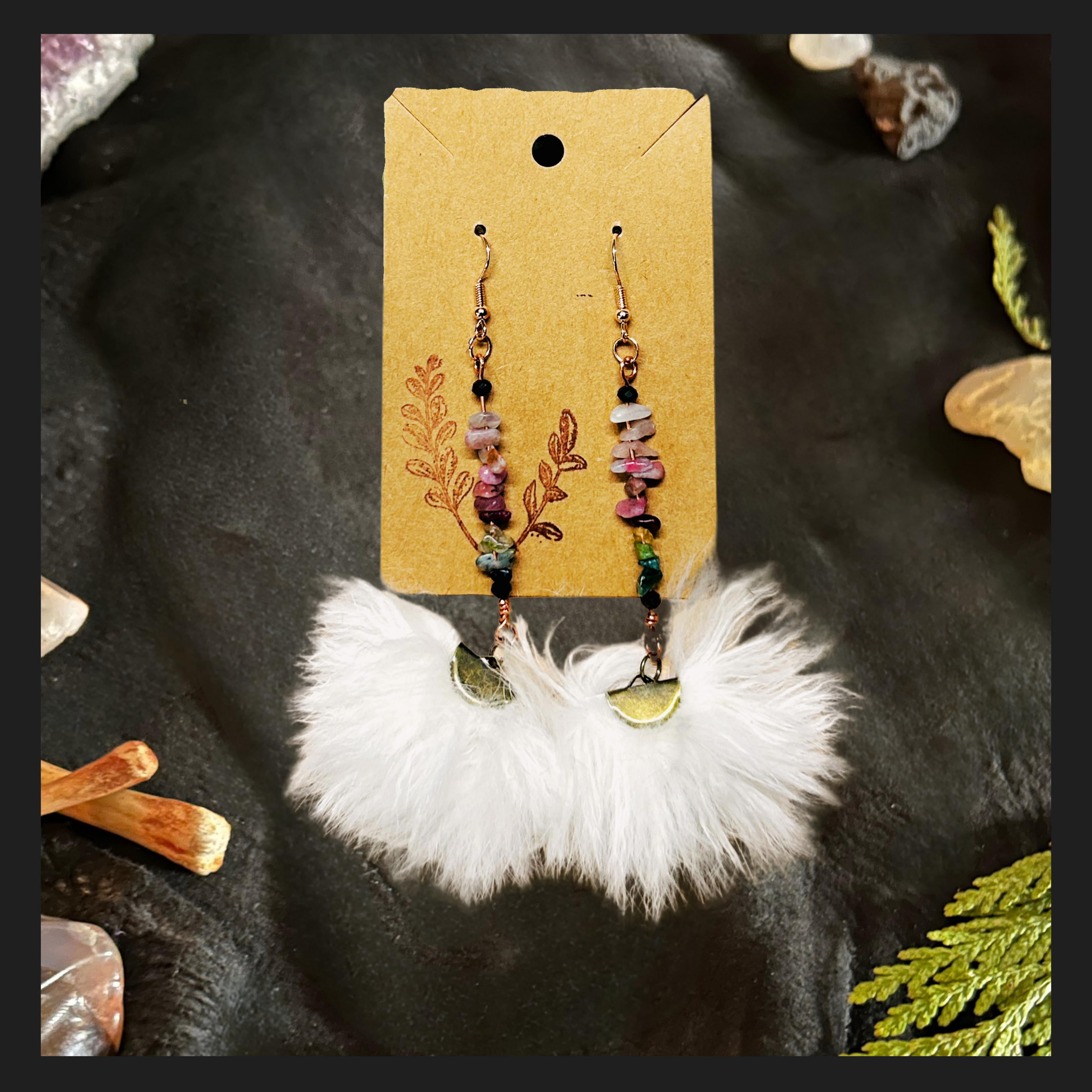 Tourmaline Chip Dangle Earrings with White Rabbit Puffs