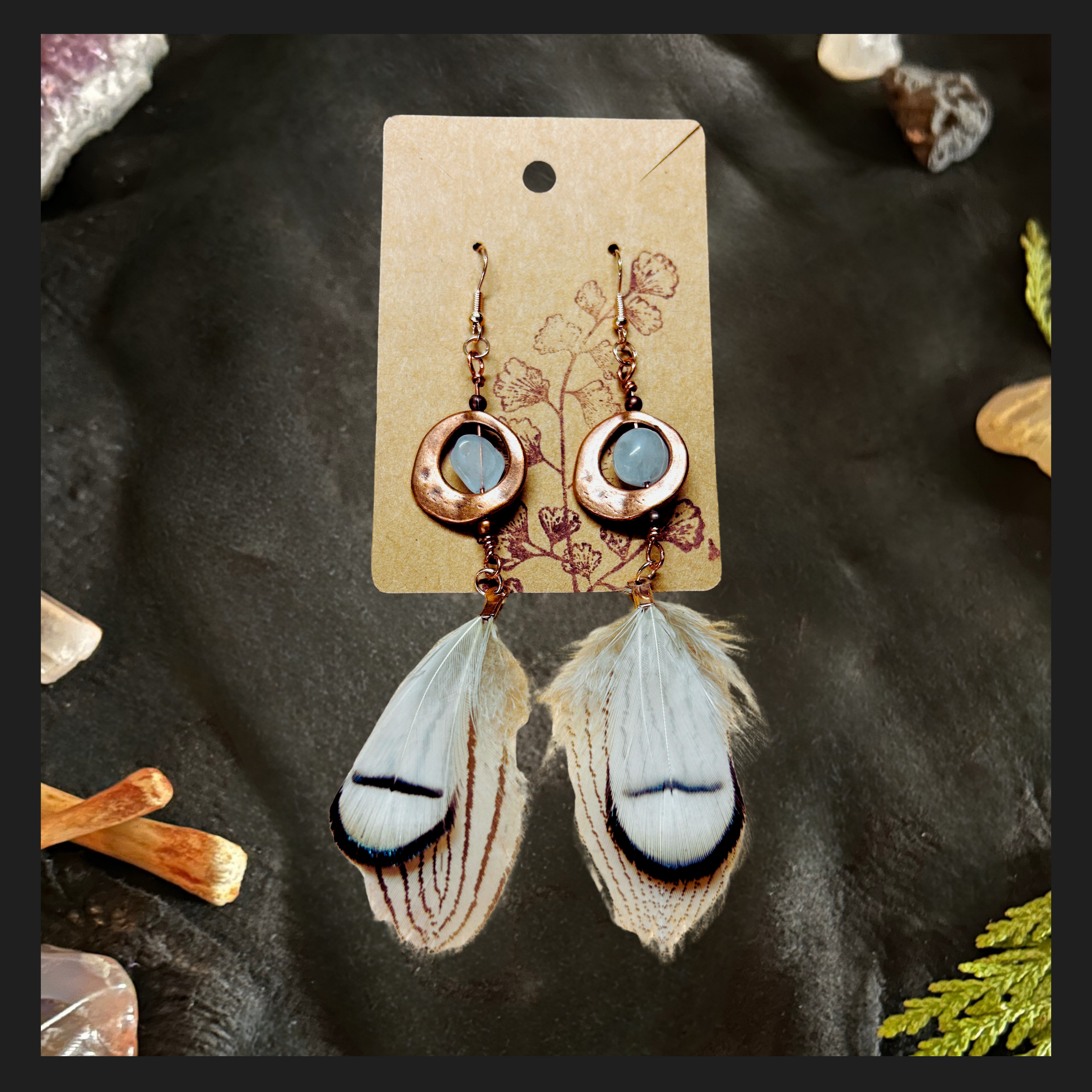 Copper and Aquamarine Earrings with White Feathers