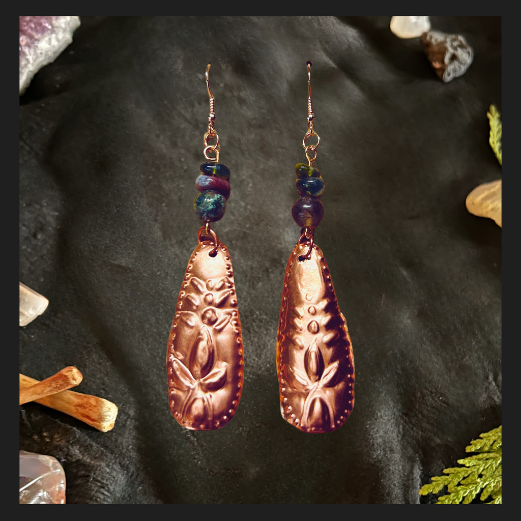 Hand Embossed Copper and India Agate Earrings