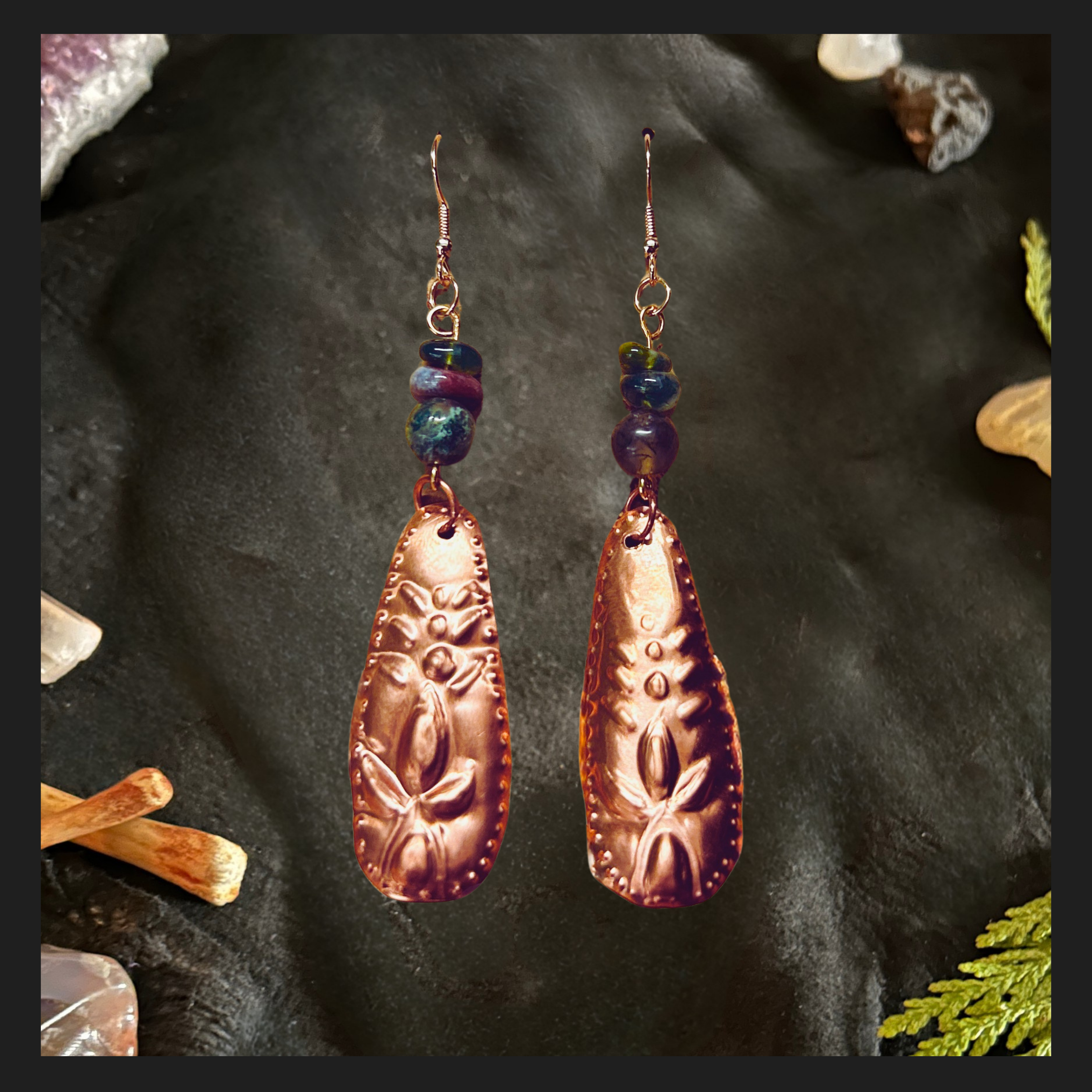 Hand Embossed Copper and India Agate Earrings